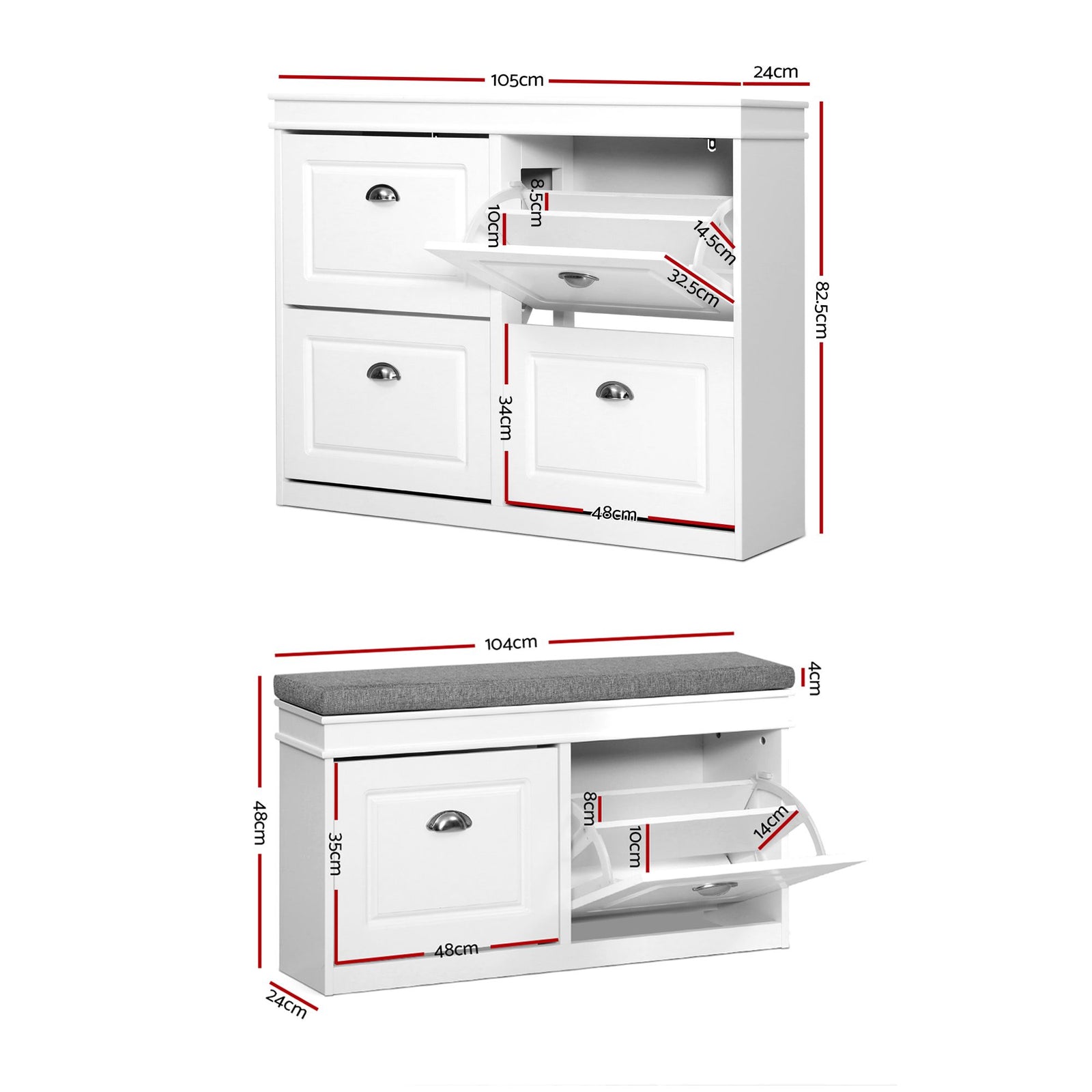 Artiss Shoe Cabinet & Bench Set White – Flip Drawers, 6 Compartments, 105cm