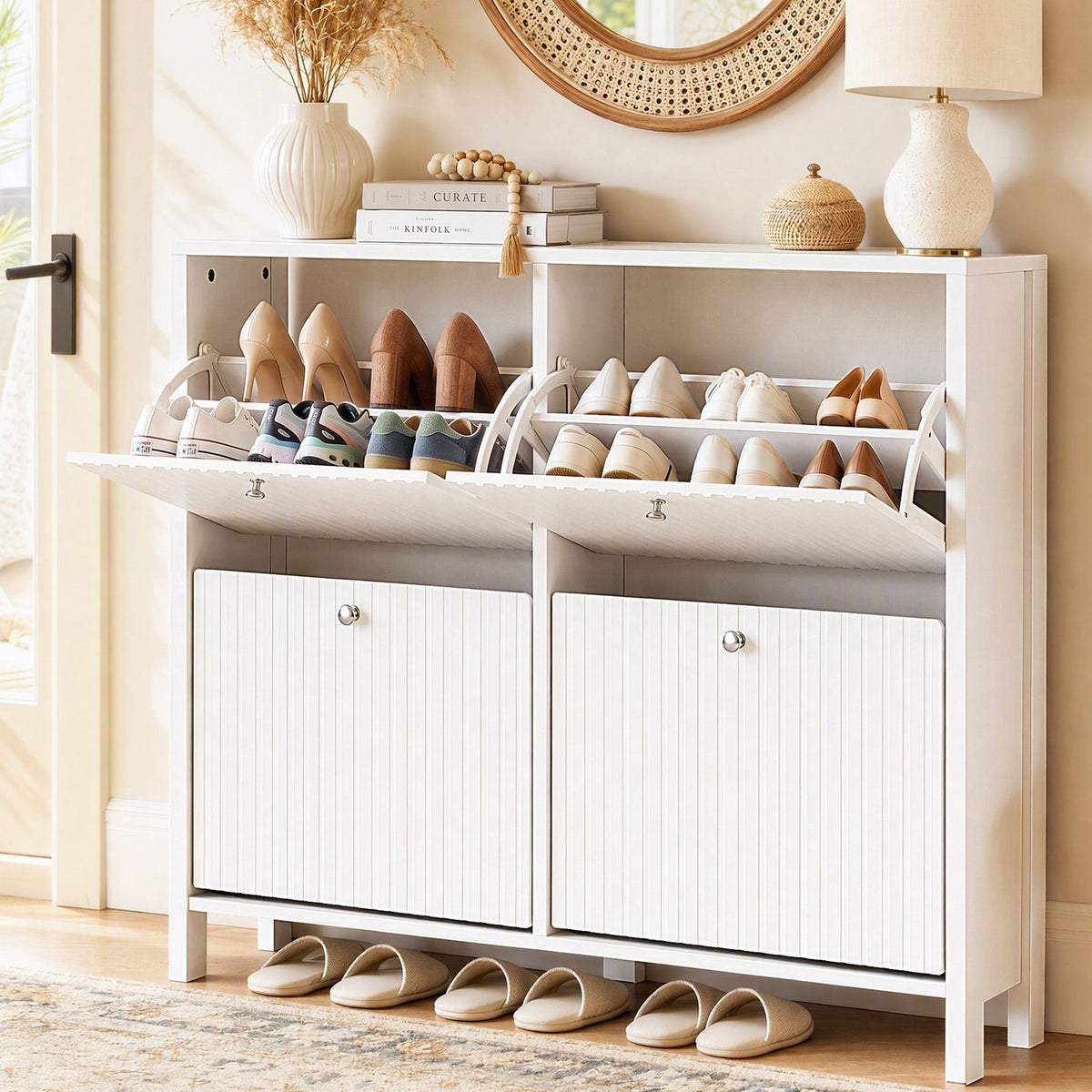 Artiss Shoe Cabinet 4 Flip Drawers Fluted Front Adjustable Shelves 110cm White