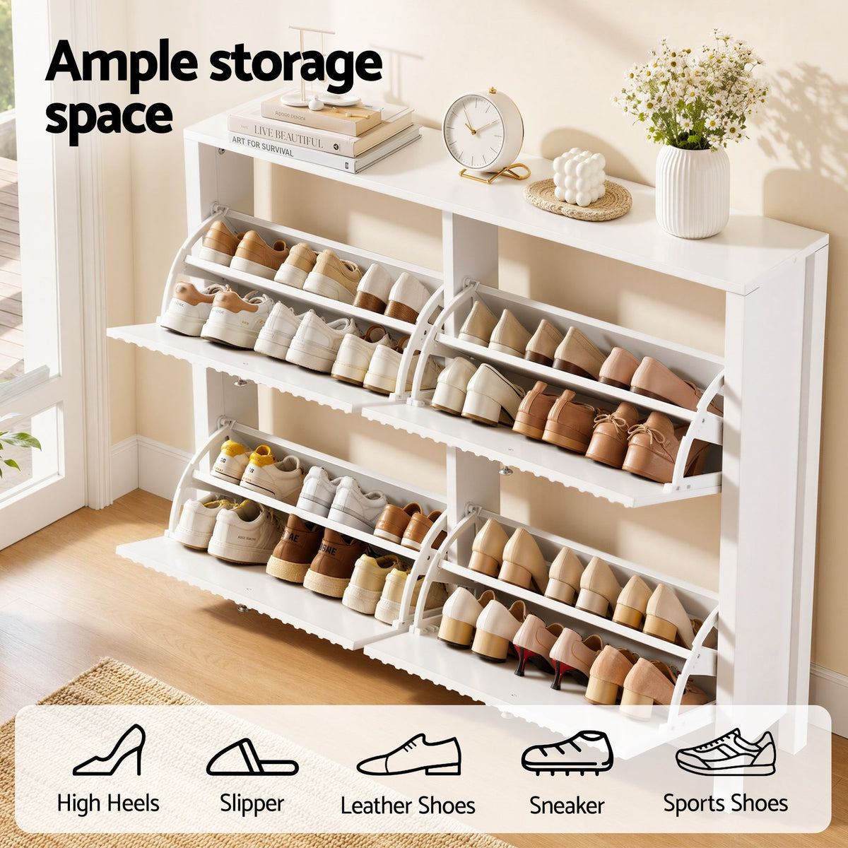 Artiss Shoe Cabinet 4 Flip Drawers Fluted Front Adjustable Shelves 110cm White