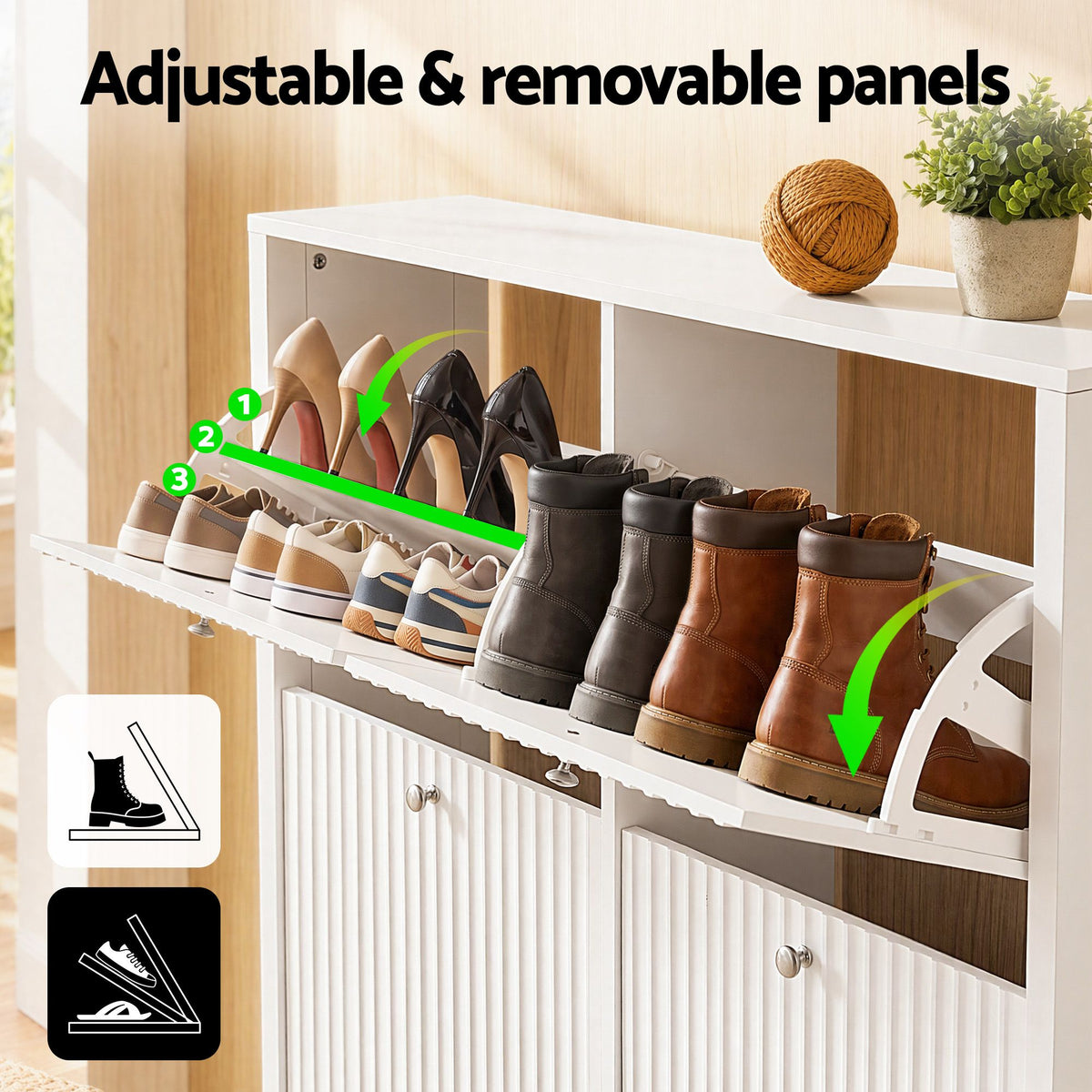 Artiss Shoe Cabinet 4 Flip Drawers Fluted Front Adjustable Shelves 110cm White