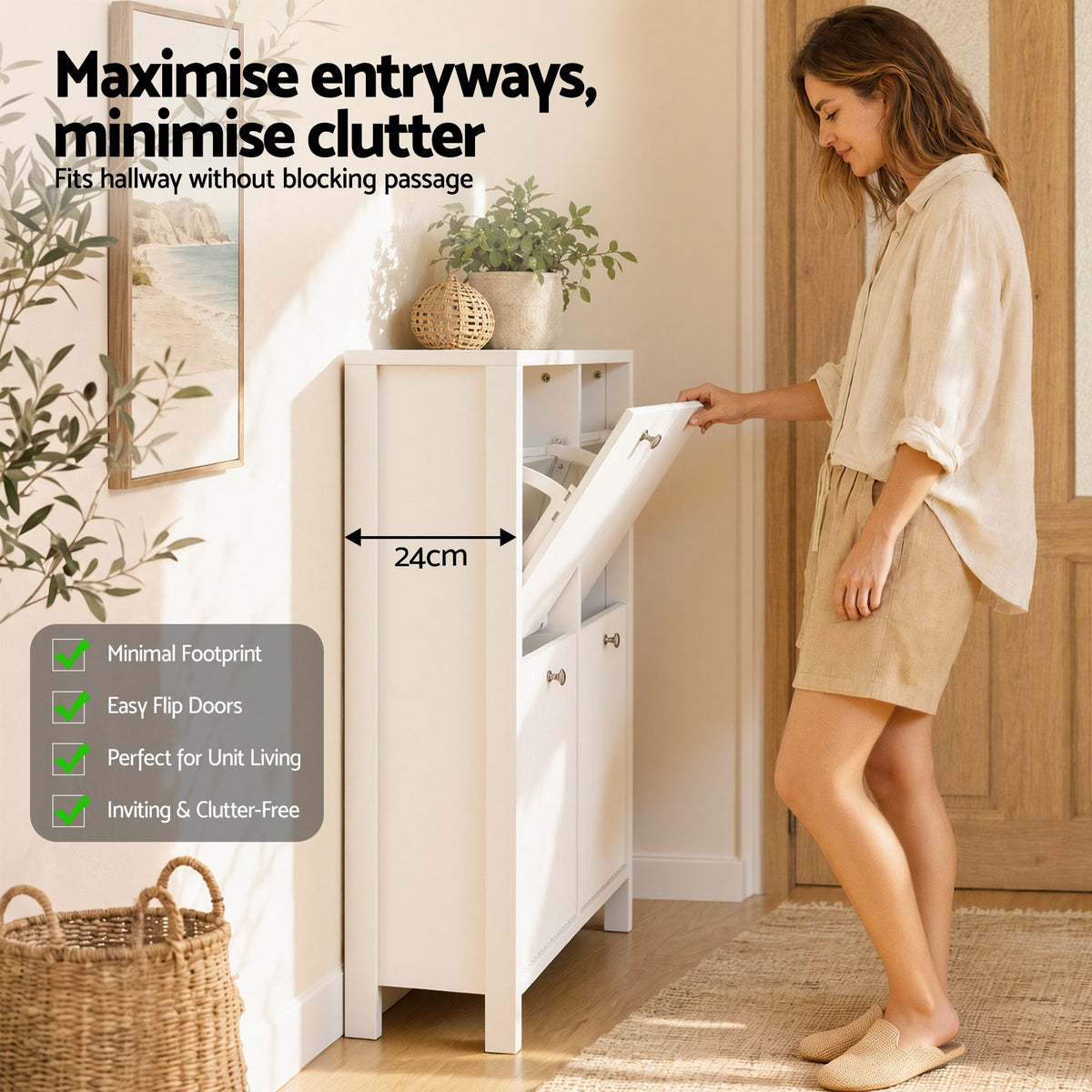 Artiss Shoe Cabinet 4 Flip Drawers Fluted Front Adjustable Shelves 110cm White