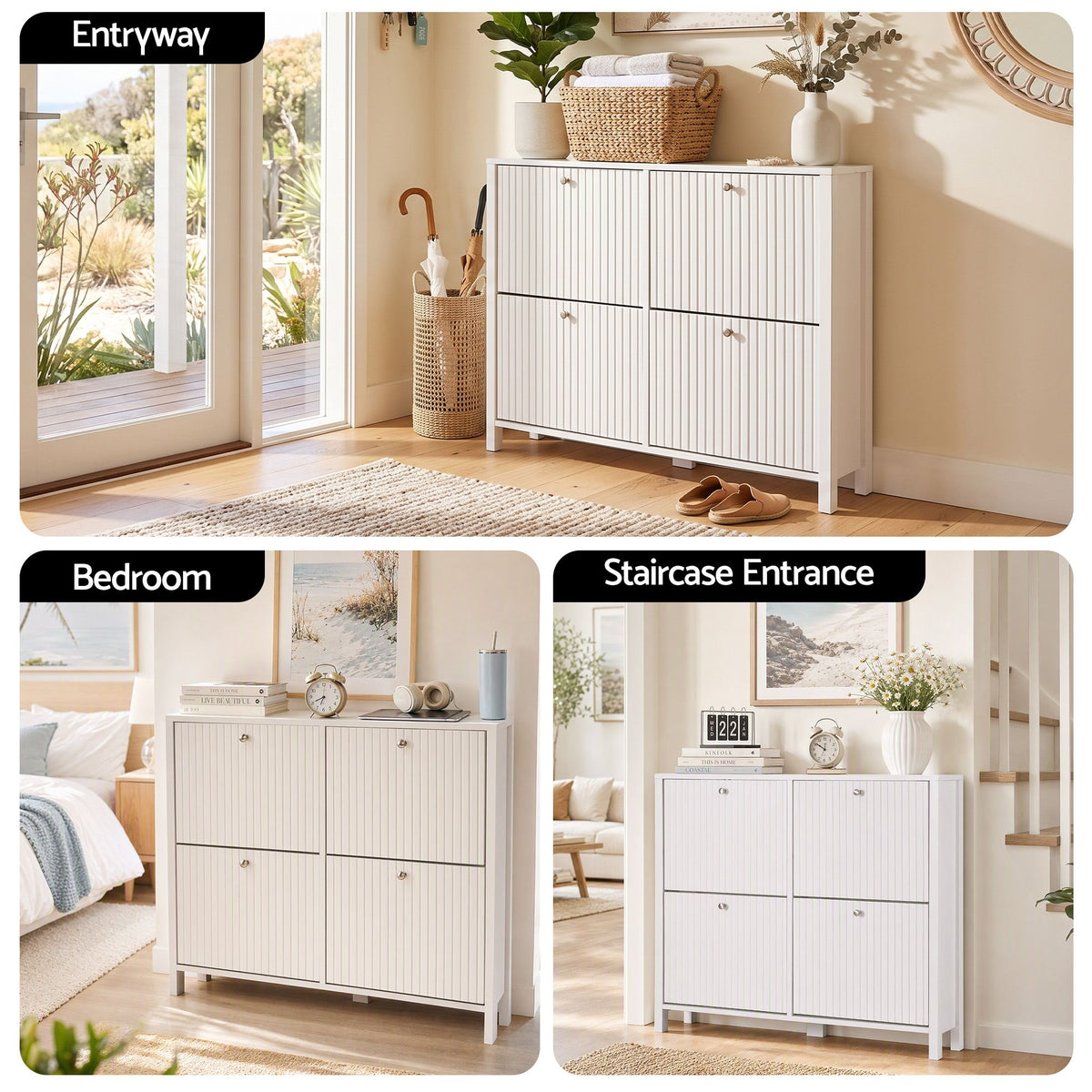 Artiss Shoe Cabinet 4 Flip Drawers Fluted Front Adjustable Shelves 110cm White