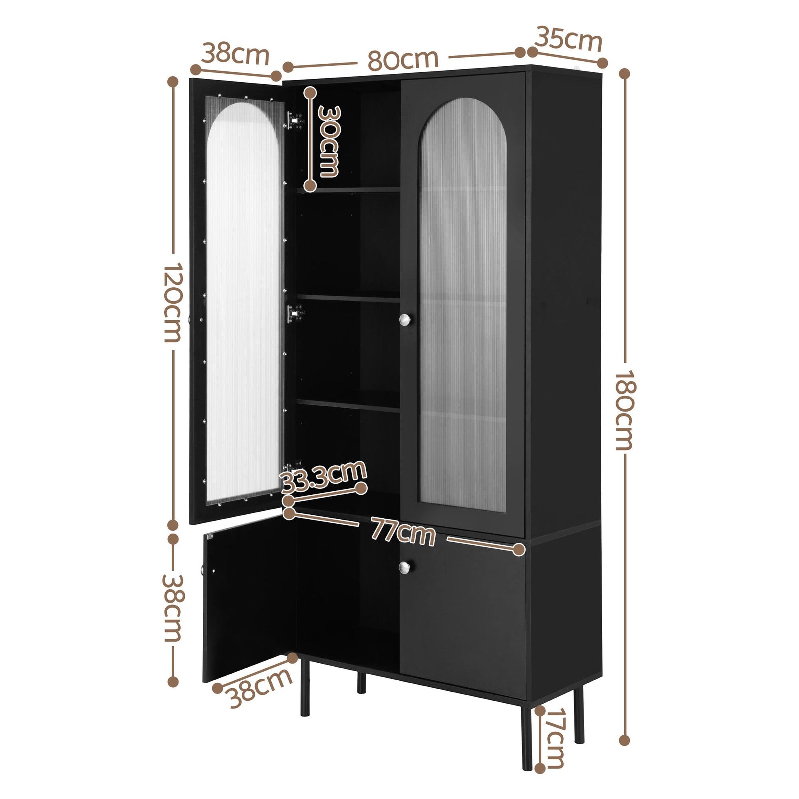 2x Buffet Sideboard Cabinet Pantry 5-Tier Storage Cupboard Fluted Black