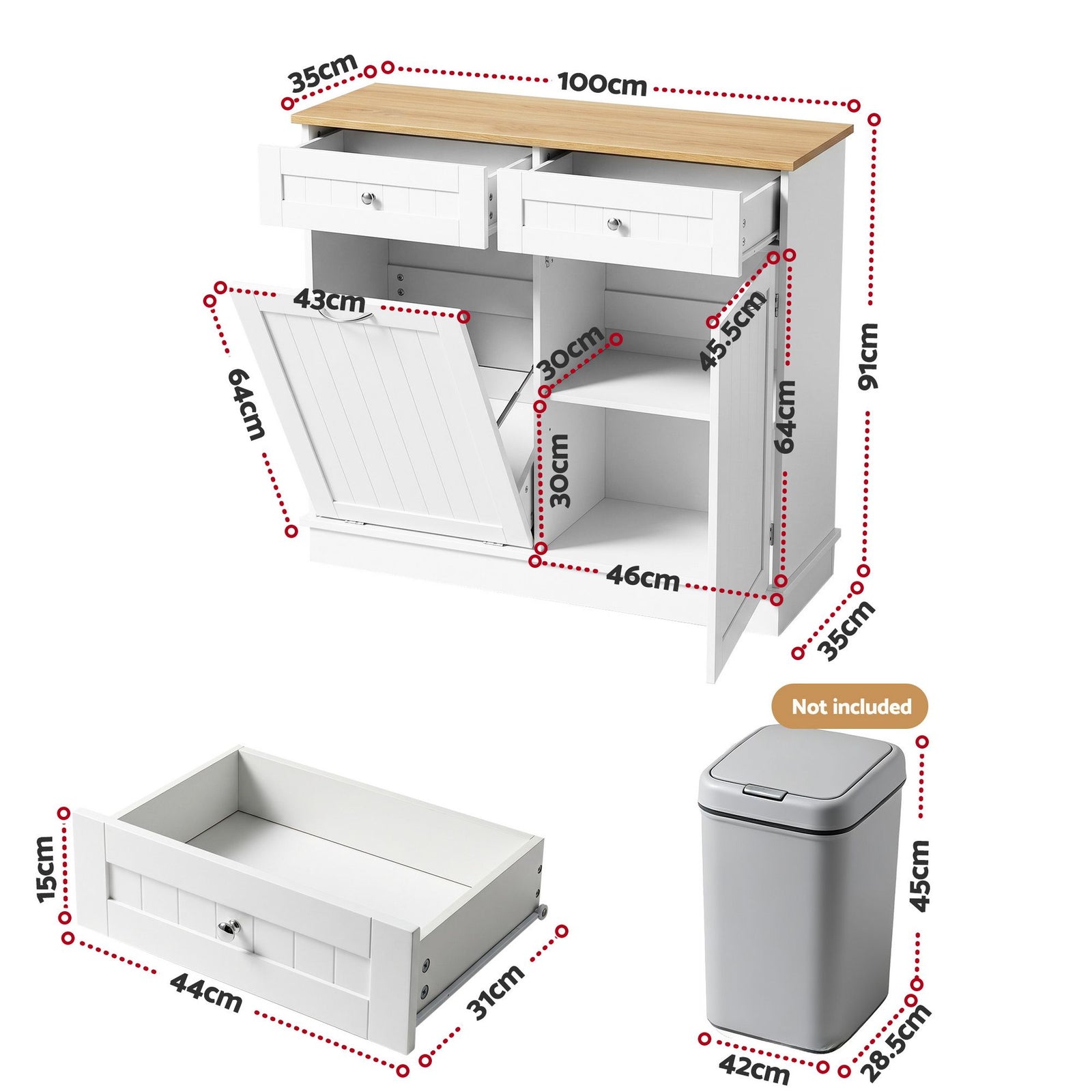 Kitchen Buffet Station – Tilt‑Out 54L Bin, Drawers, Adjustable Cabinet, 100cm