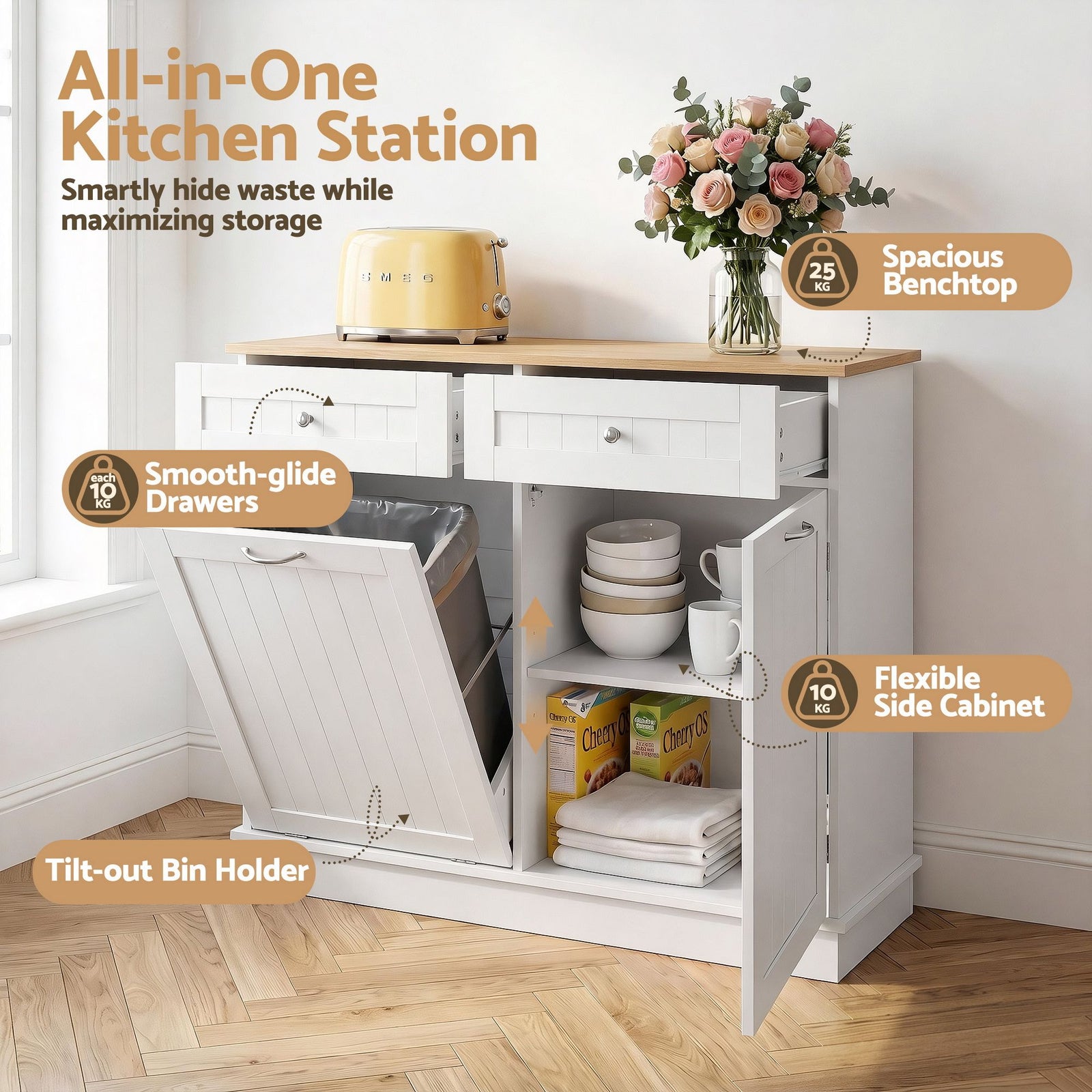 Kitchen Buffet Station – Tilt‑Out 54L Bin, Drawers, Adjustable Cabinet, 100cm