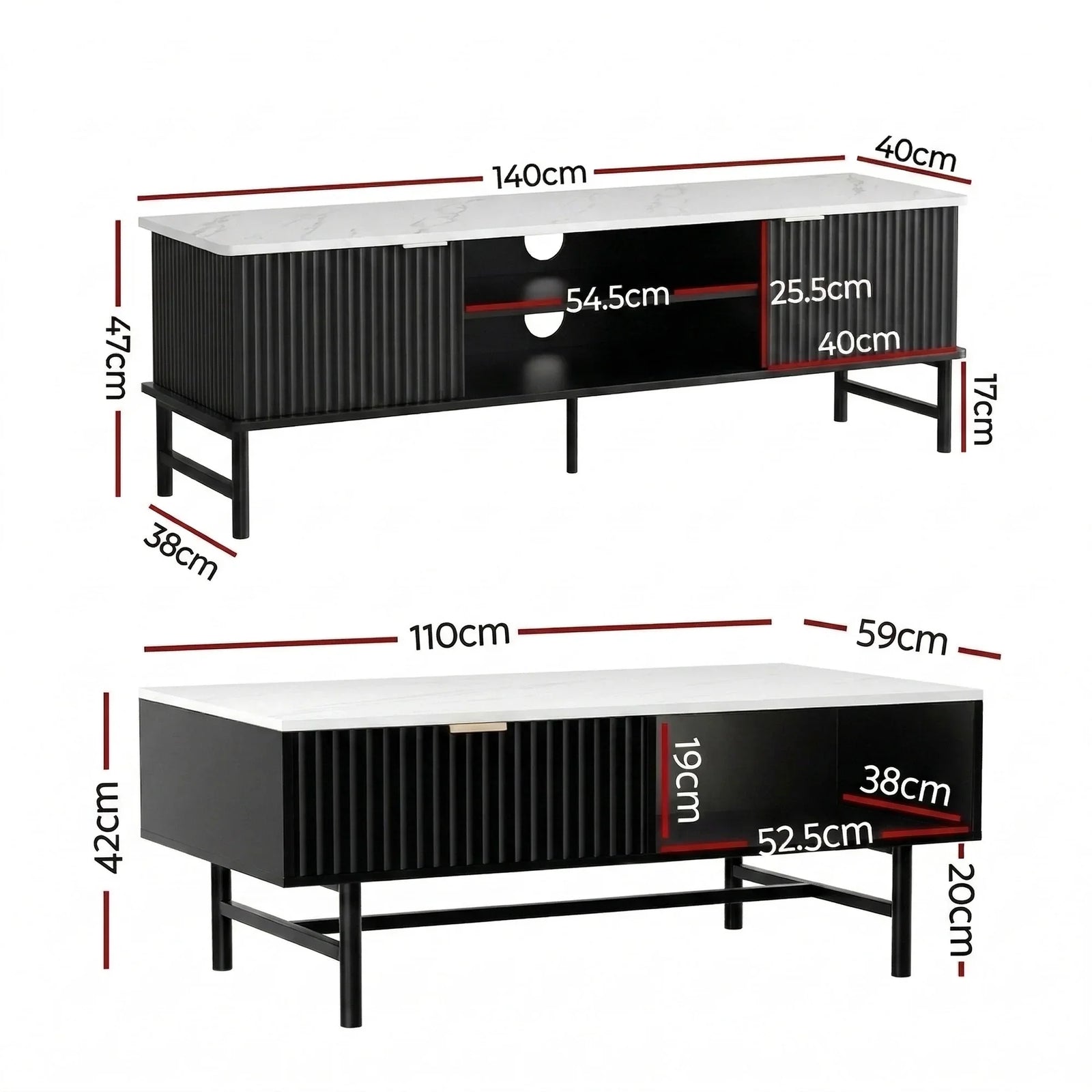 TV Unit & Coffee Table Set Storage Shelf Black