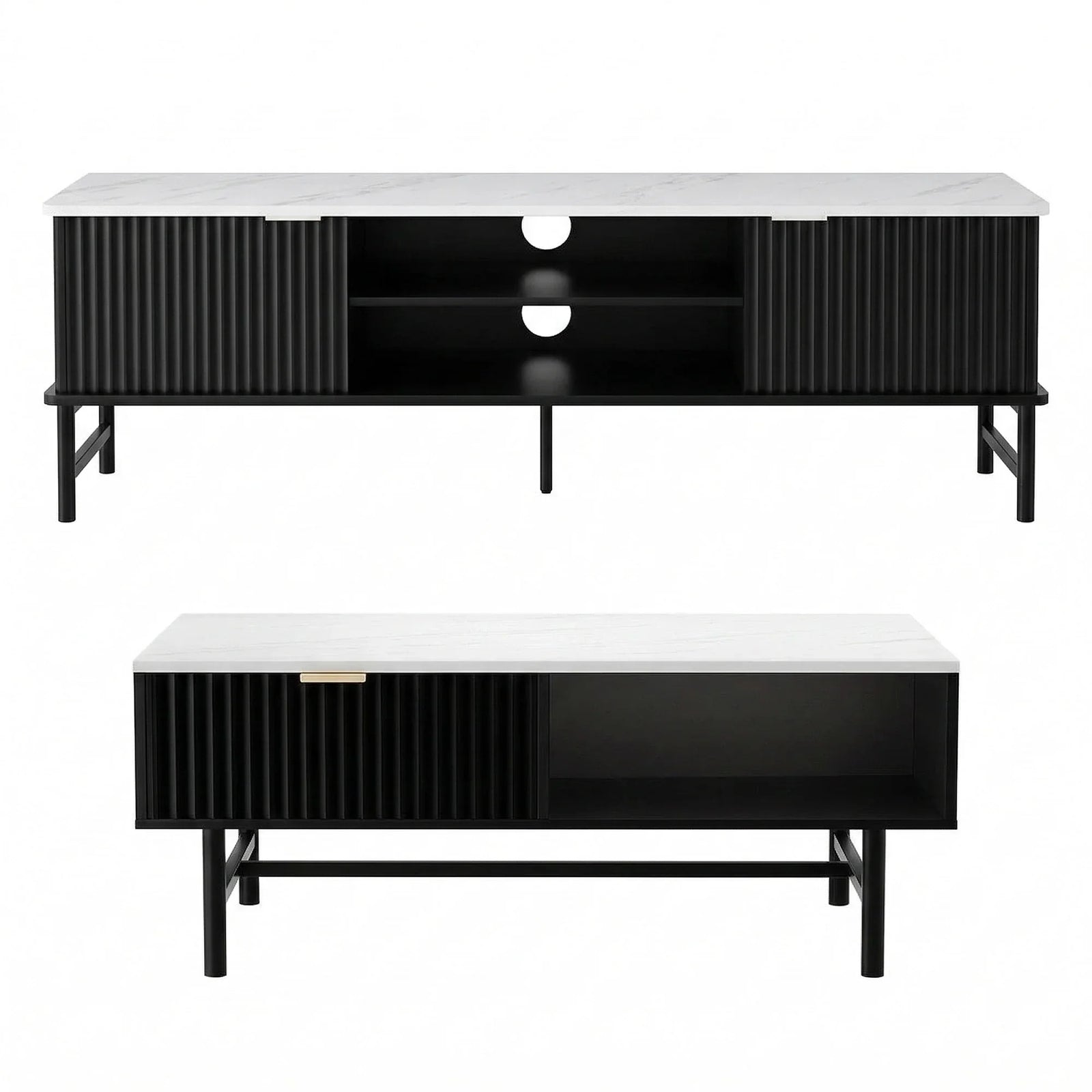 TV Unit & Coffee Table Set Storage Shelf Black
