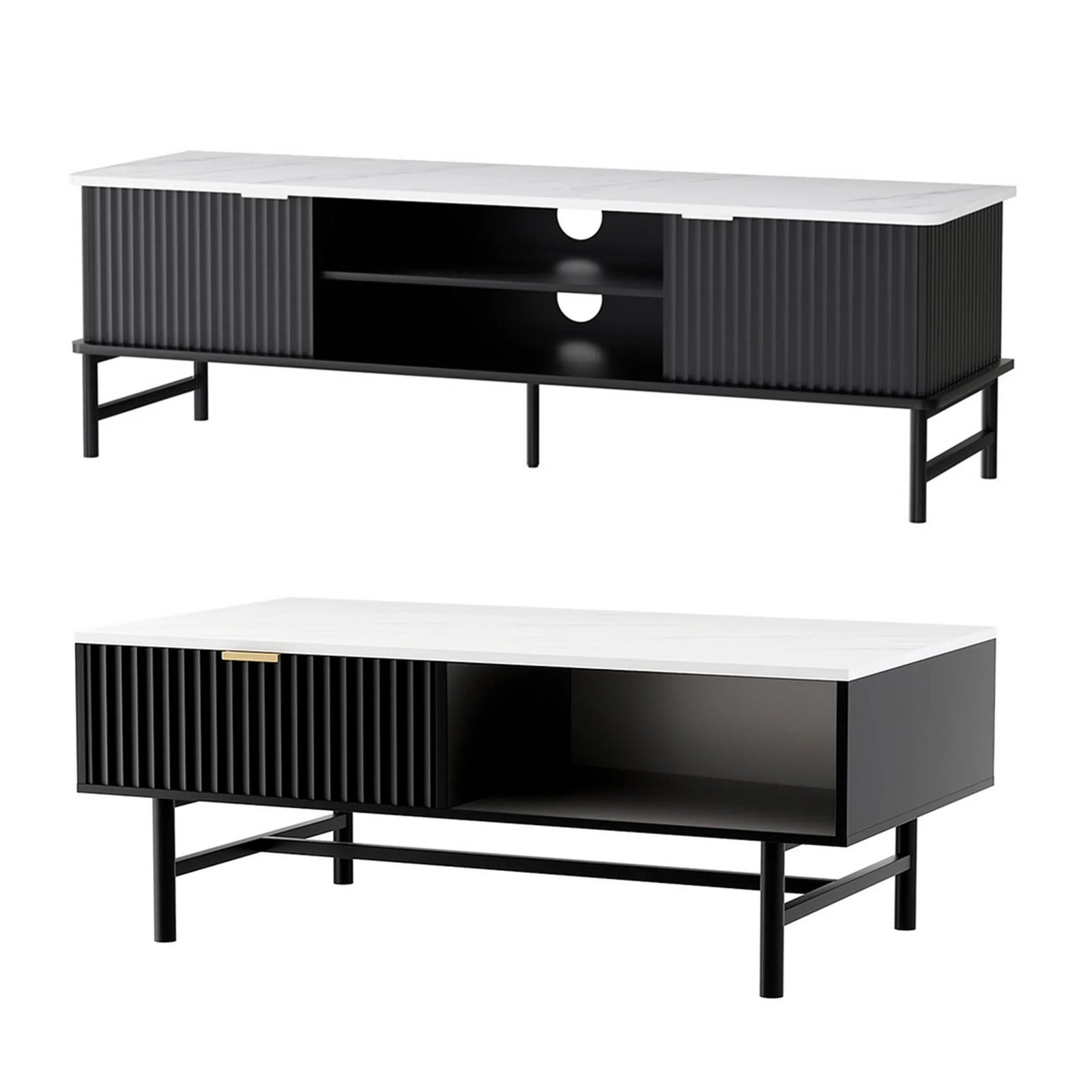 TV Unit & Coffee Table Set Storage Shelf Black