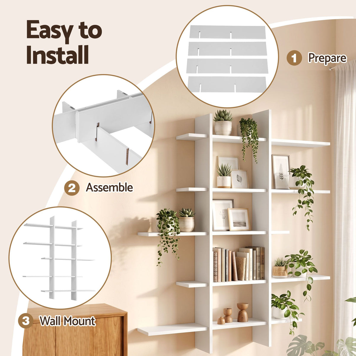 Artiss 15-Section Floating Wall Shelf, White, 116x18x129cm E1 PB Board