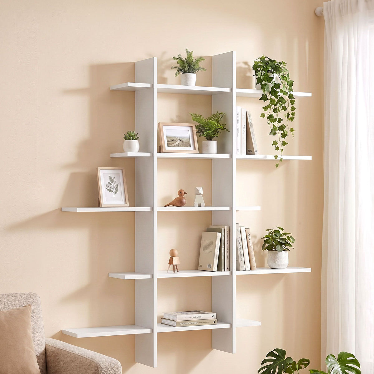 Artiss 15-Section Floating Wall Shelf, White, 116x18x129cm E1 PB Board