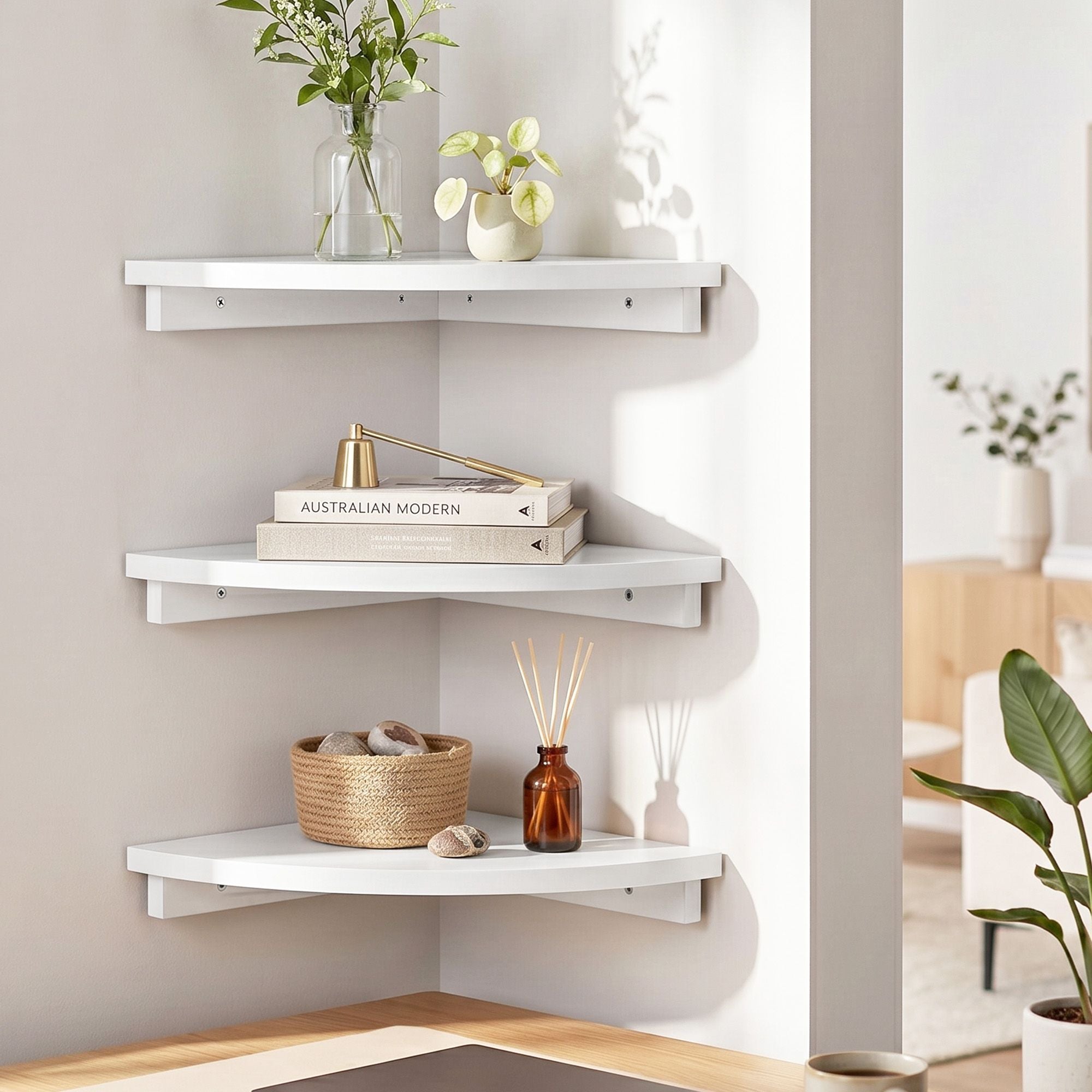 3× Corner Floating Wall Shelves – 25cm Wall‑Mounted Display Rack White