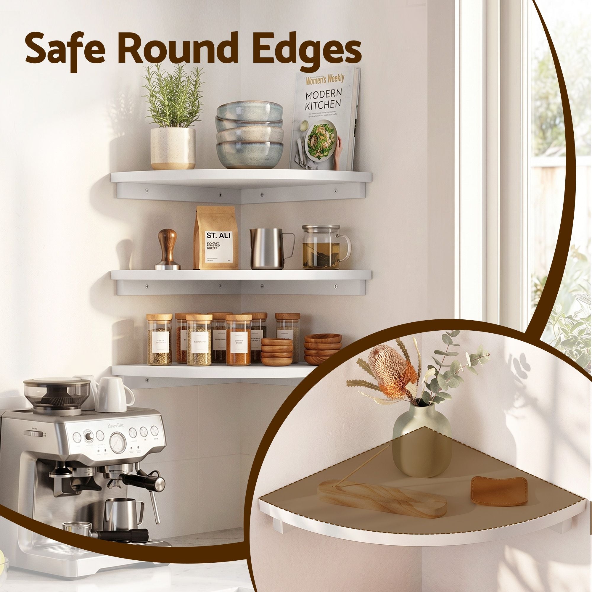 3× Corner Floating Wall Shelves – 25cm Wall‑Mounted Display Rack White