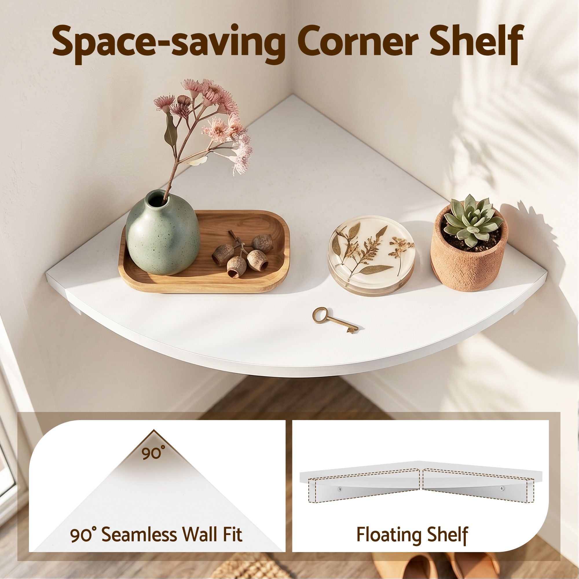 3× Corner Floating Wall Shelves – 25cm Wall‑Mounted Display Rack White