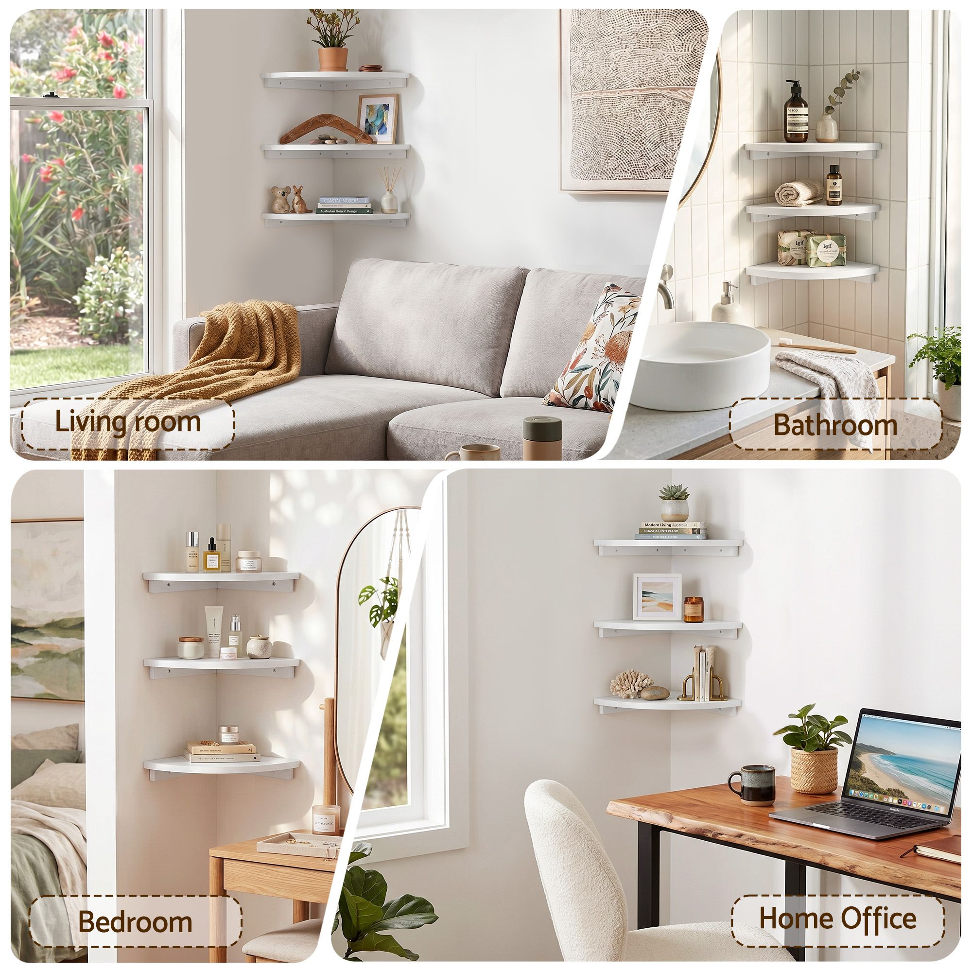 3× Corner Floating Wall Shelves – 25cm Wall‑Mounted Display Rack White