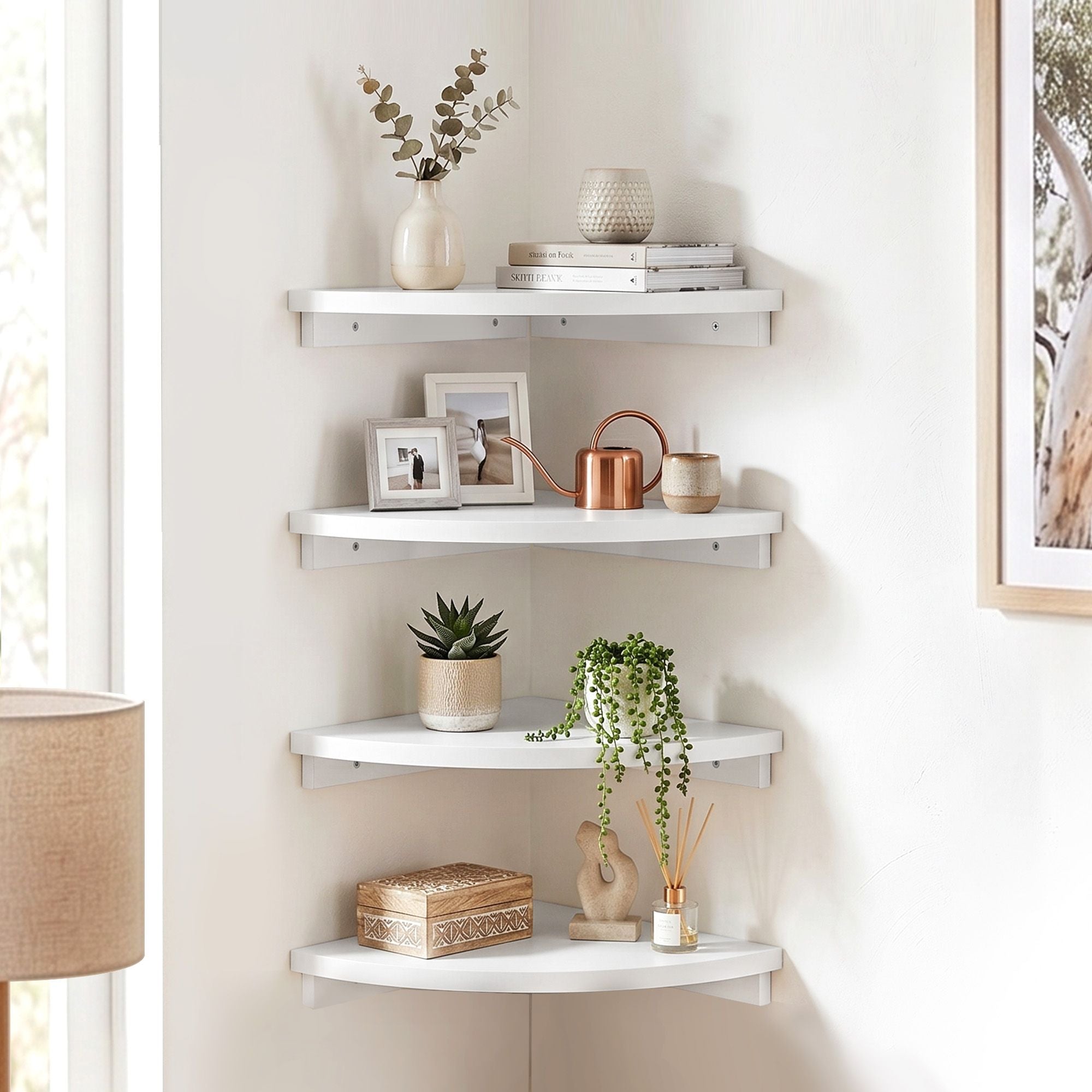 4× Corner Floating Wall Shelves – 25cm Wall‑Mounted Display Rack White