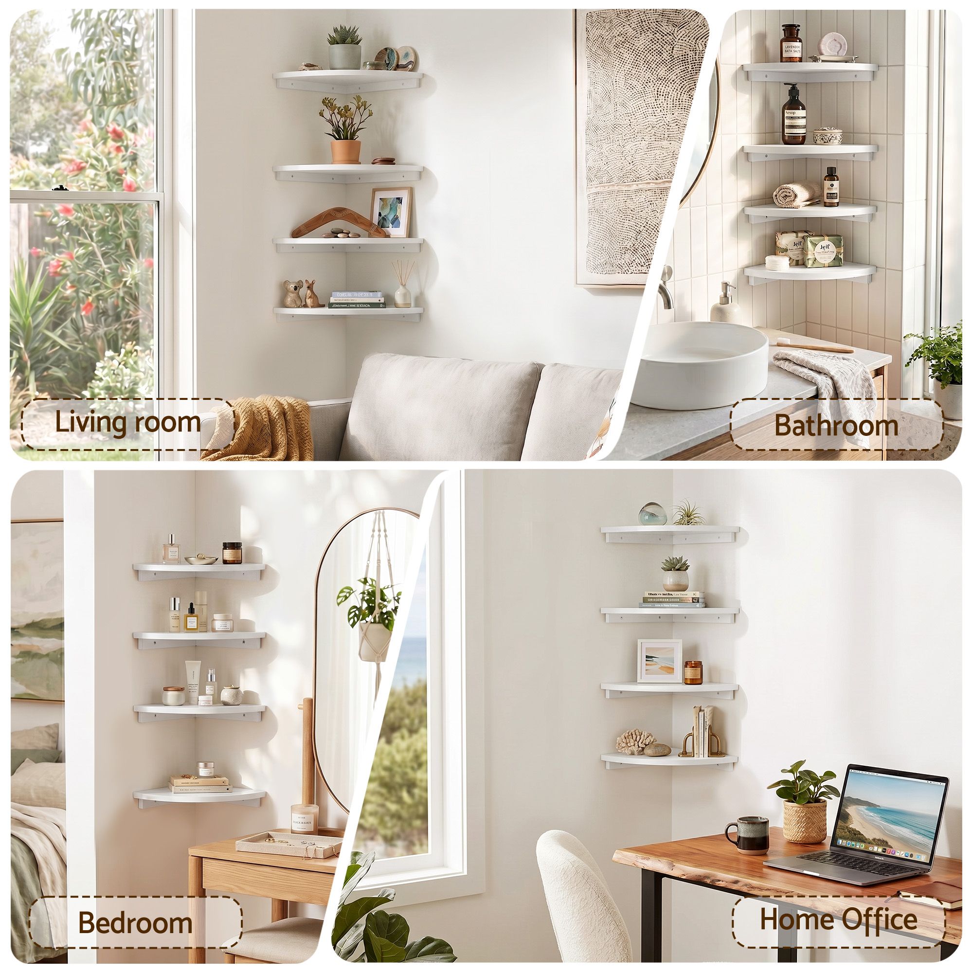 4× Corner Floating Wall Shelves – 25cm Wall‑Mounted Display Rack White