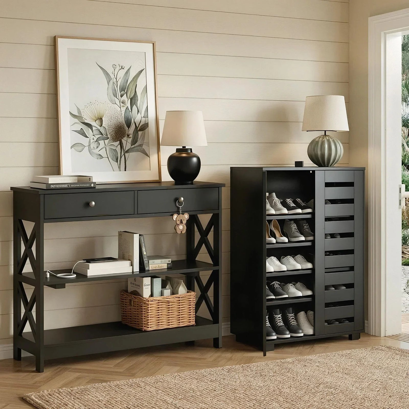 2‑Piece Entryway Set – Console Table w/ Charging & Shoe Cabinet, Black