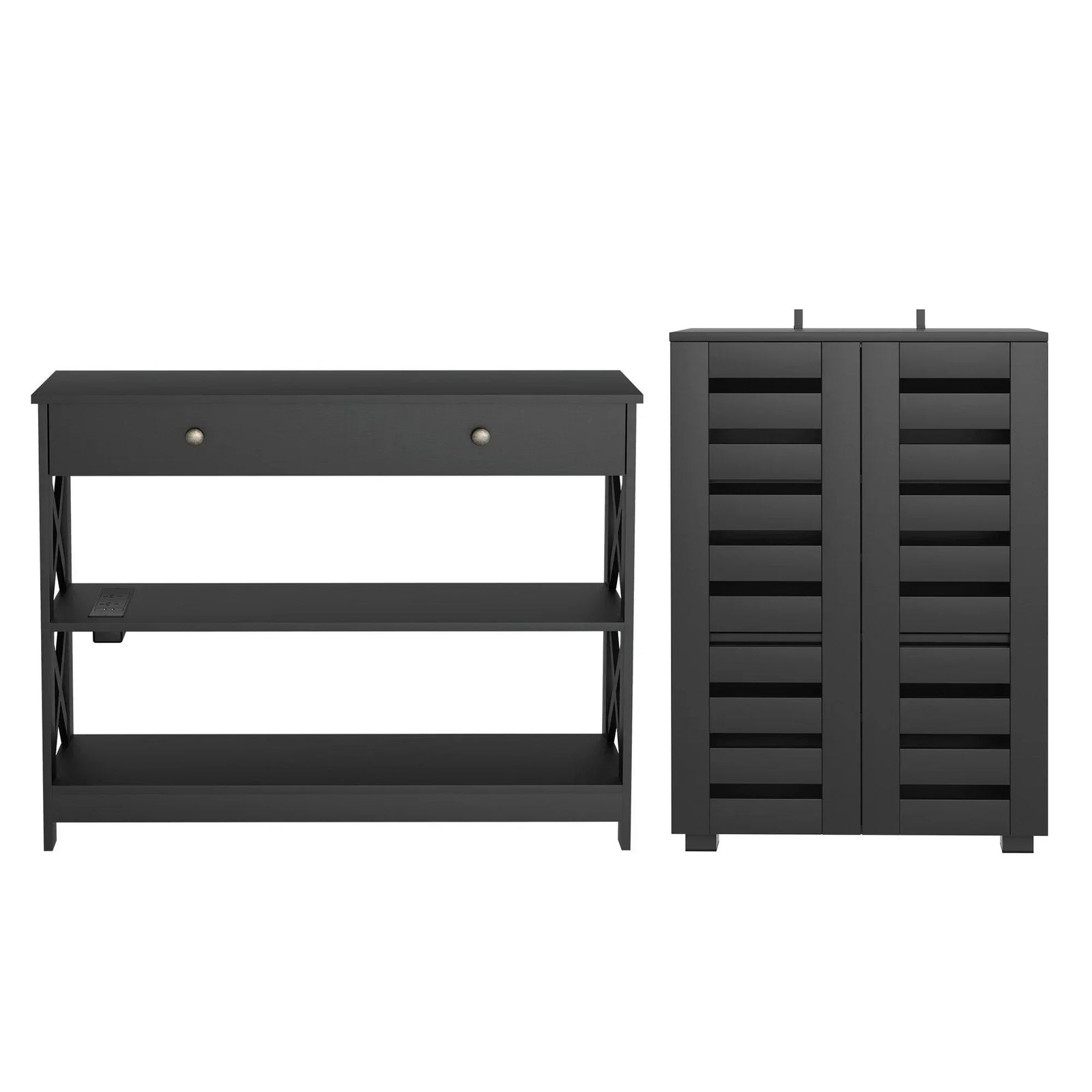 2‑Piece Entryway Set – Console Table w/ Charging & Shoe Cabinet, Black