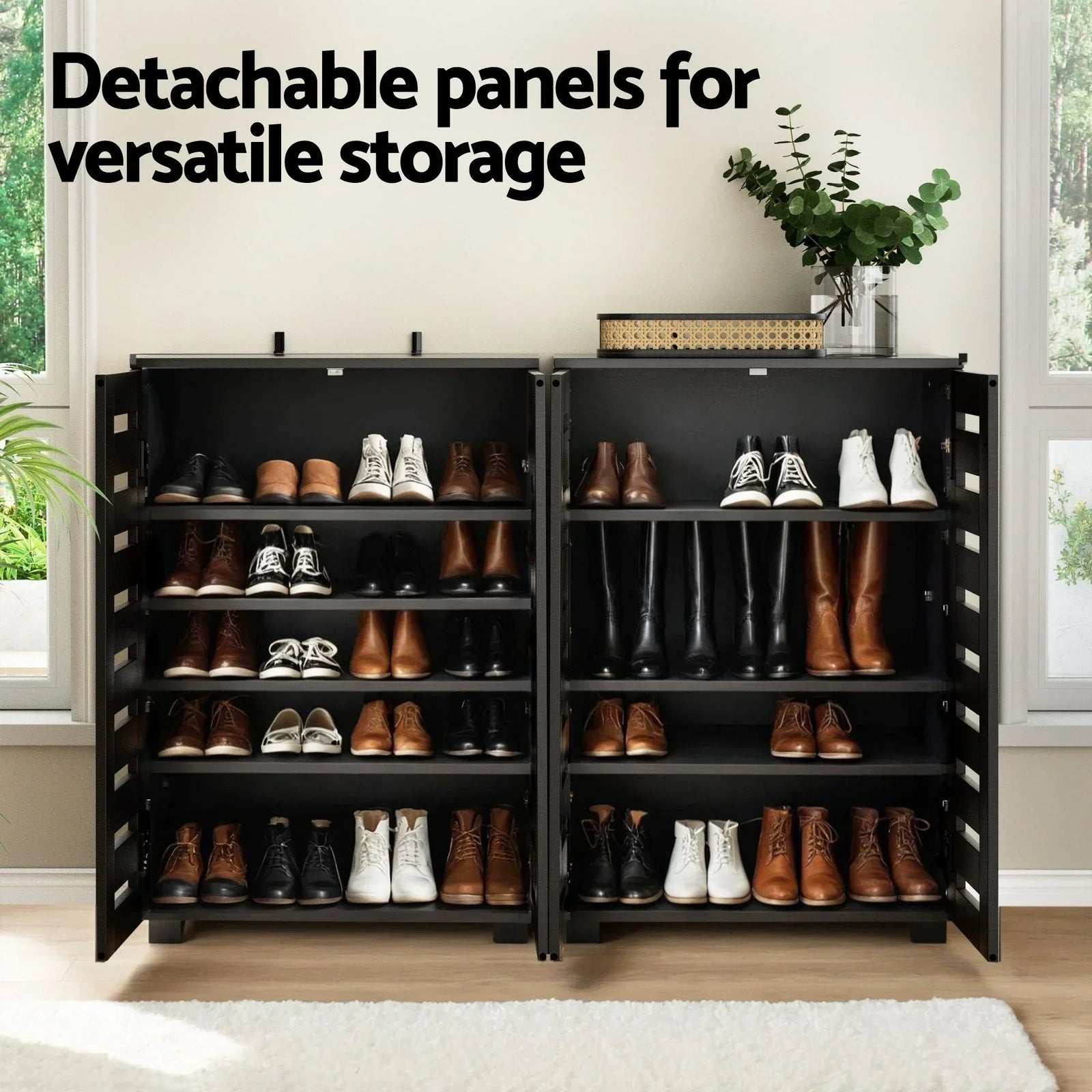 2‑Piece Entryway Set – Console Table w/ Charging & Shoe Cabinet, Black
