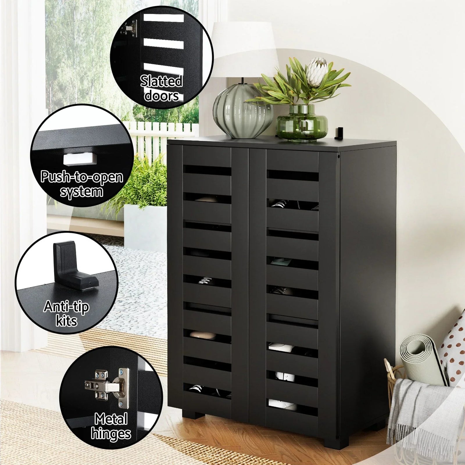 2‑Piece Entryway Set – Console Table w/ Charging & Shoe Cabinet, Black