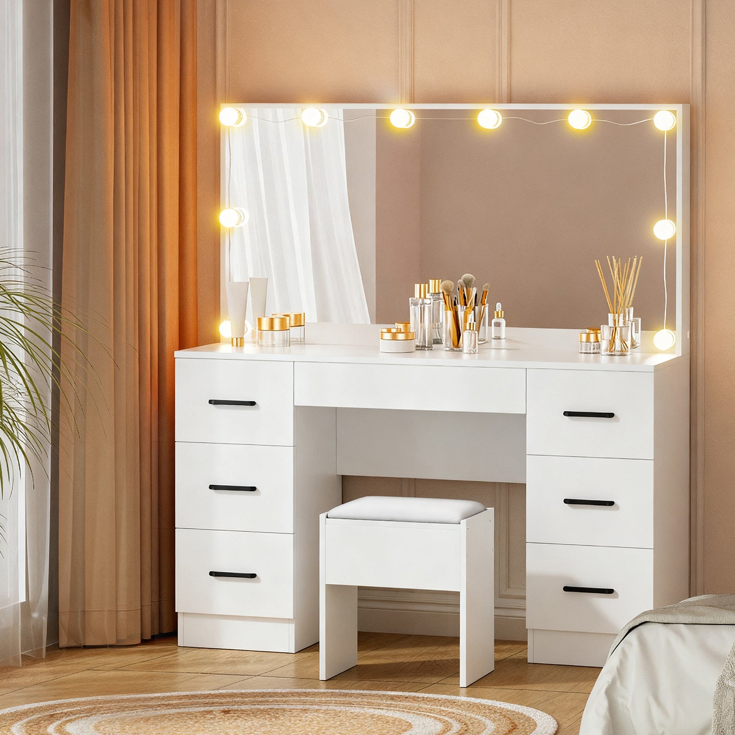 Dressing Table Set Stool 10 Led Bulbs White Debbie
