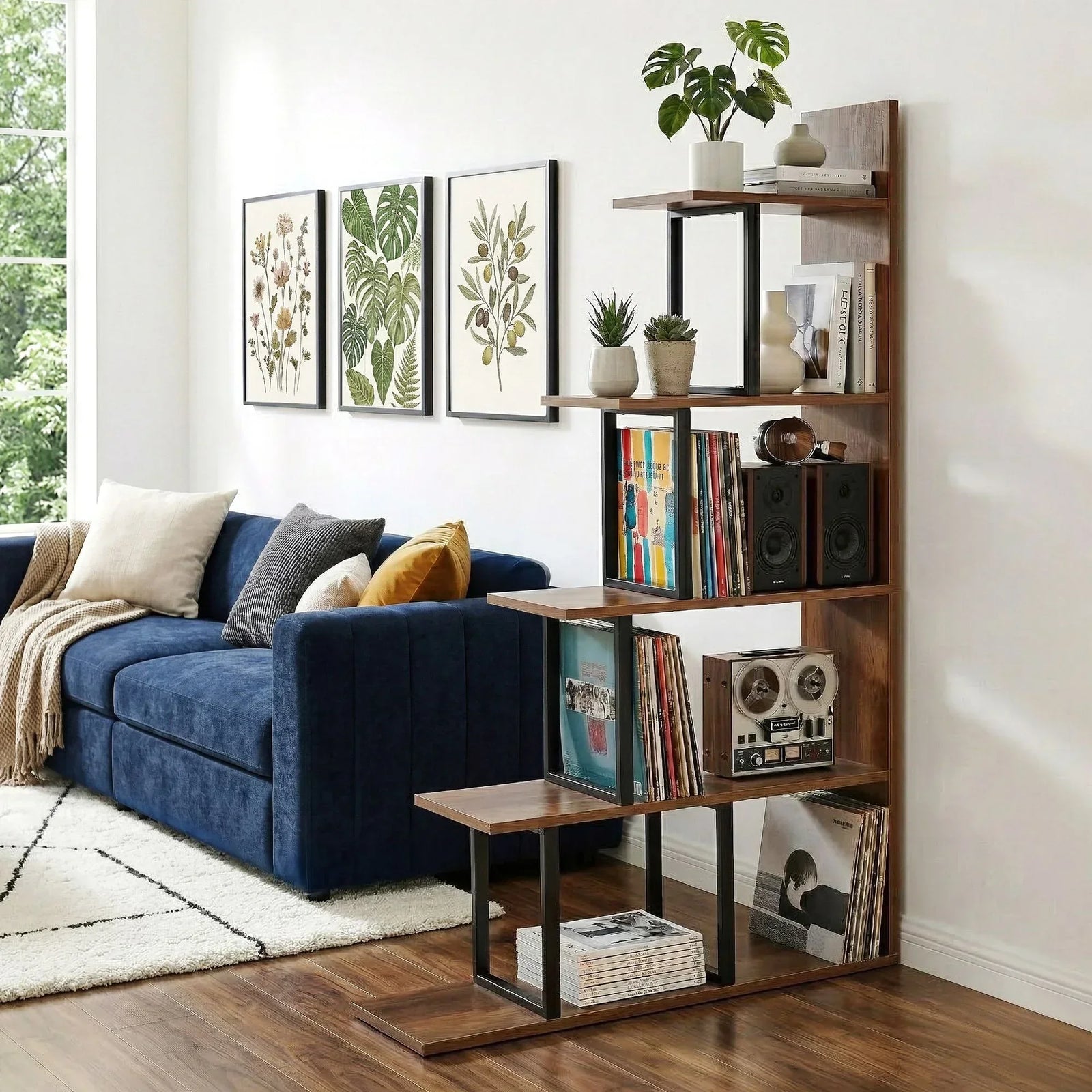 Artiss 5‑Tier Ladder Bookshelf – L‑Shaped Display Rack, Metal Frame, Black/Walnut