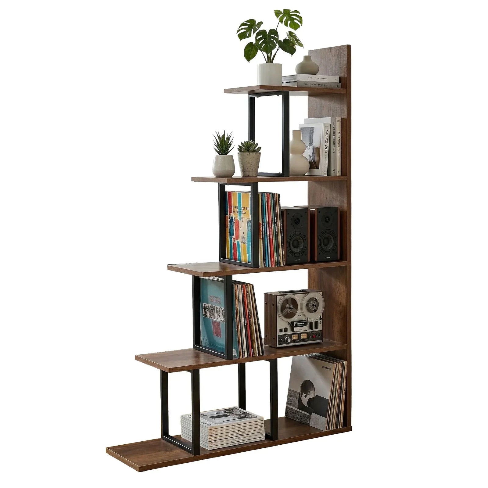 Artiss 5‑Tier Ladder Bookshelf – L‑Shaped Display Rack, Metal Frame, Black/Walnut