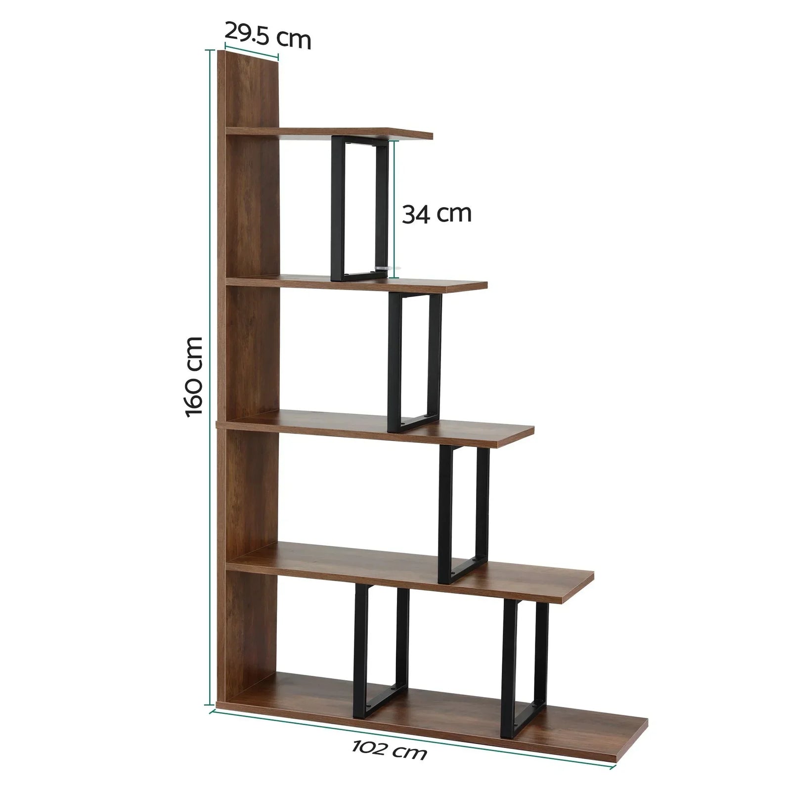 Artiss 5‑Tier Ladder Bookshelf – L‑Shaped Display Rack, Metal Frame, Black/Walnut
