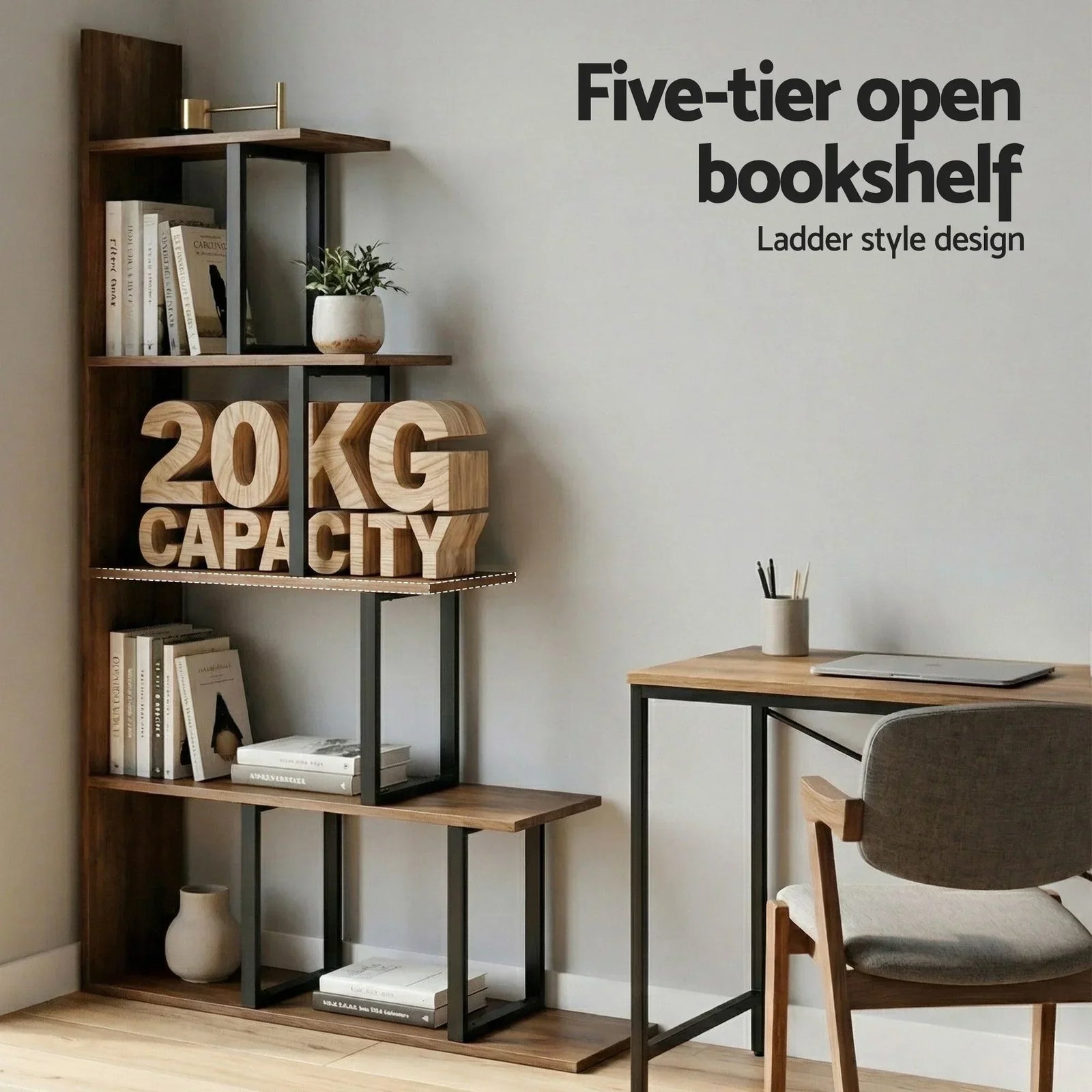 Artiss 5‑Tier Ladder Bookshelf – L‑Shaped Display Rack, Metal Frame, Black/Walnut