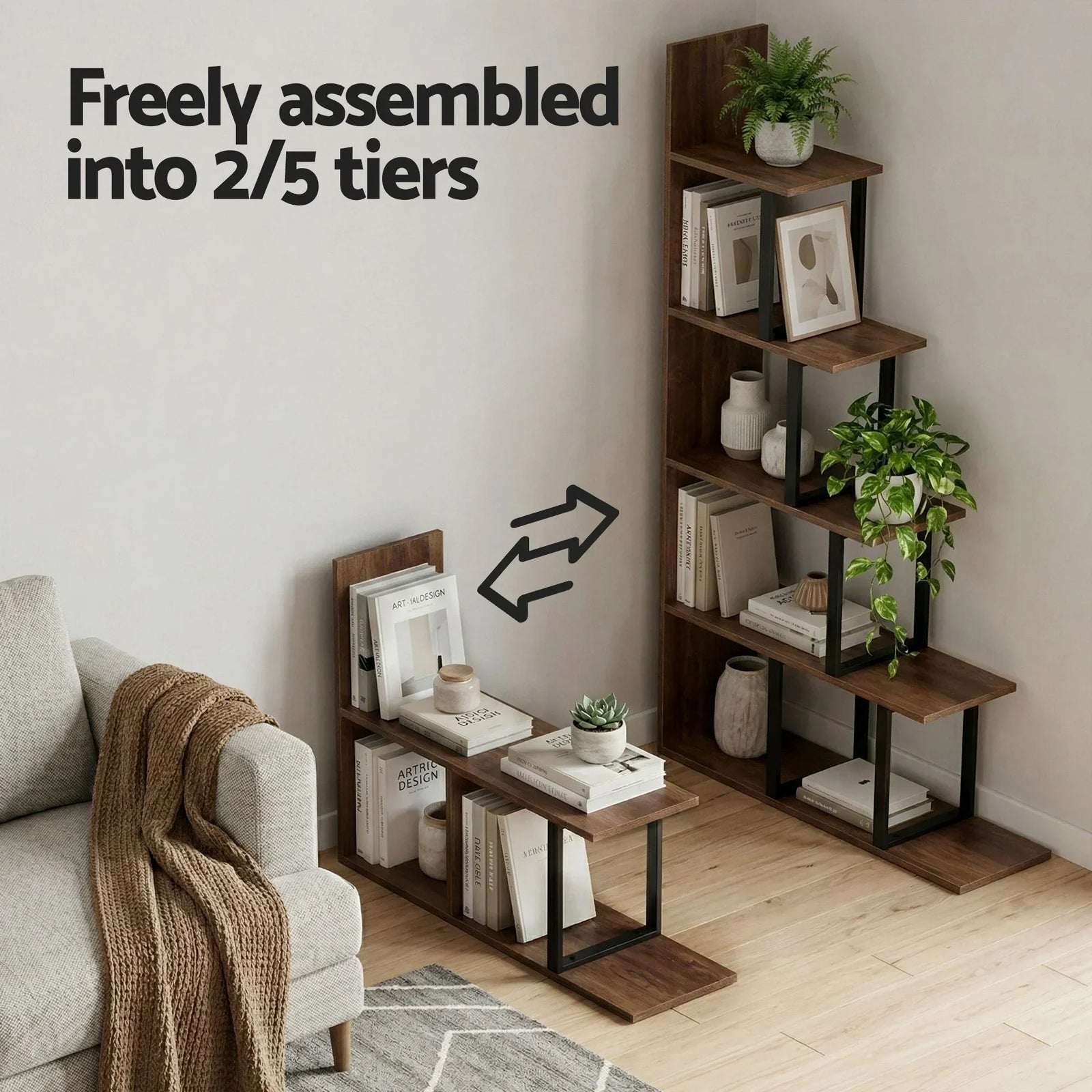 Artiss 5‑Tier Ladder Bookshelf – L‑Shaped Display Rack, Metal Frame, Black/Walnut