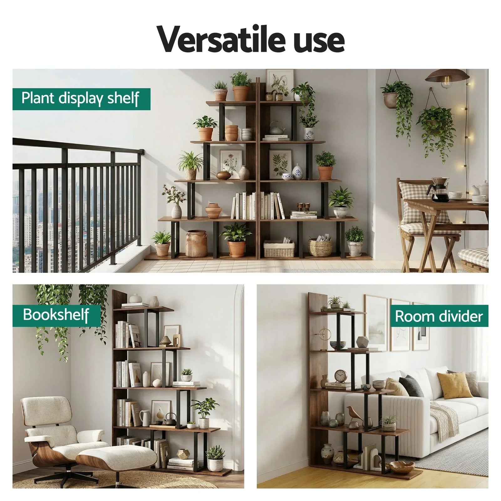 Artiss 5‑Tier Ladder Bookshelf – L‑Shaped Display Rack, Metal Frame, Black/Walnut