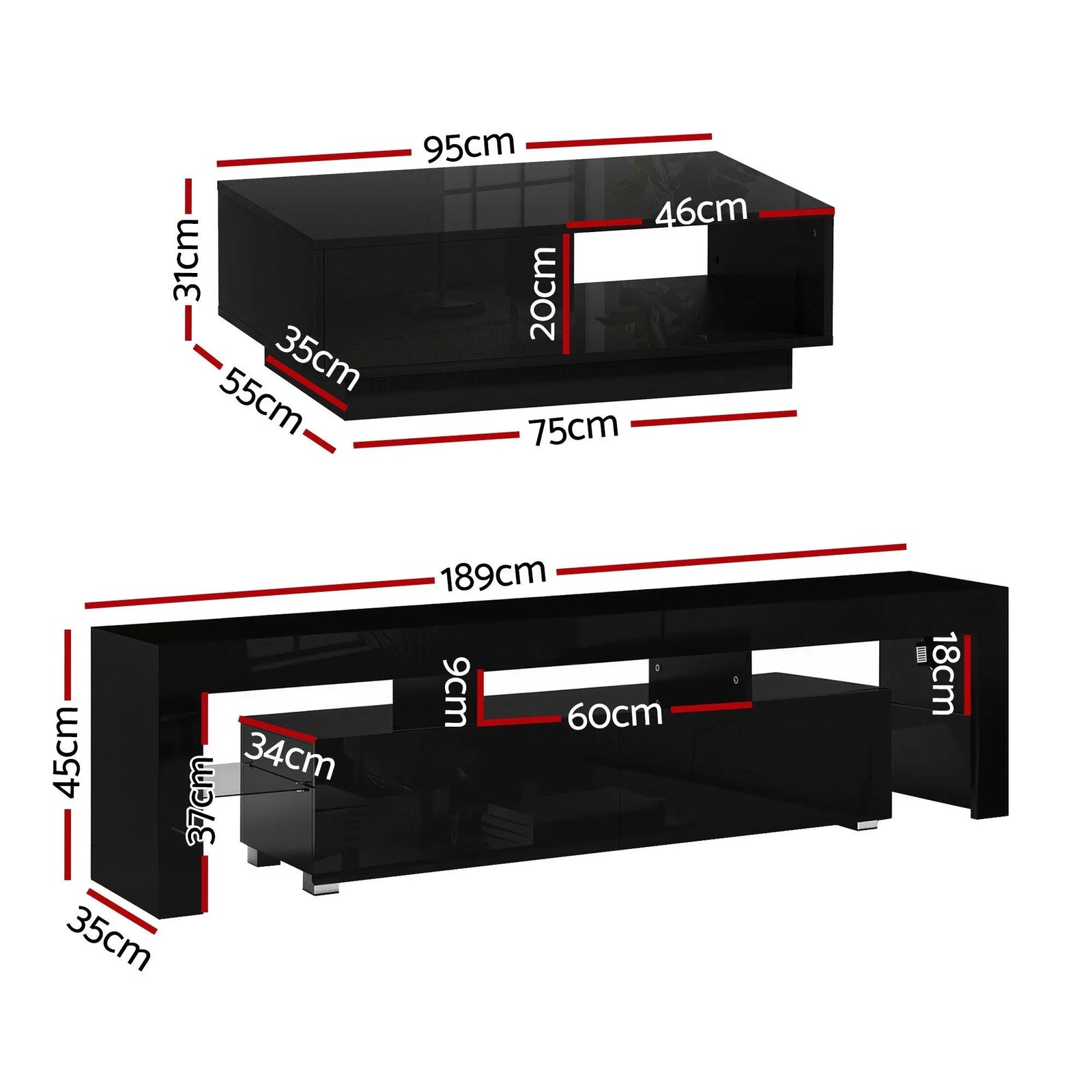 LED TV Unit & Coffee Table Set – 189cm Black High‑Gloss RGB Furniture