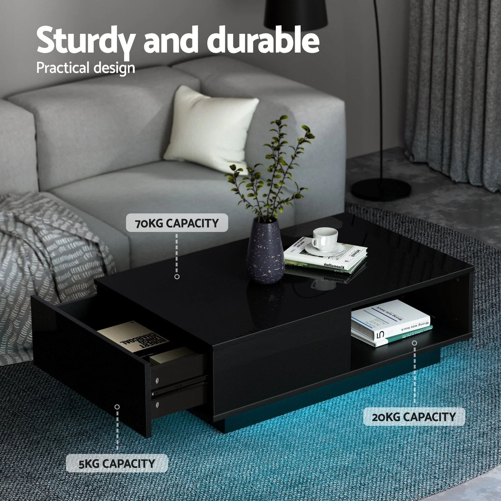 LED TV Unit & Coffee Table Set – 189cm Black High‑Gloss RGB Furniture