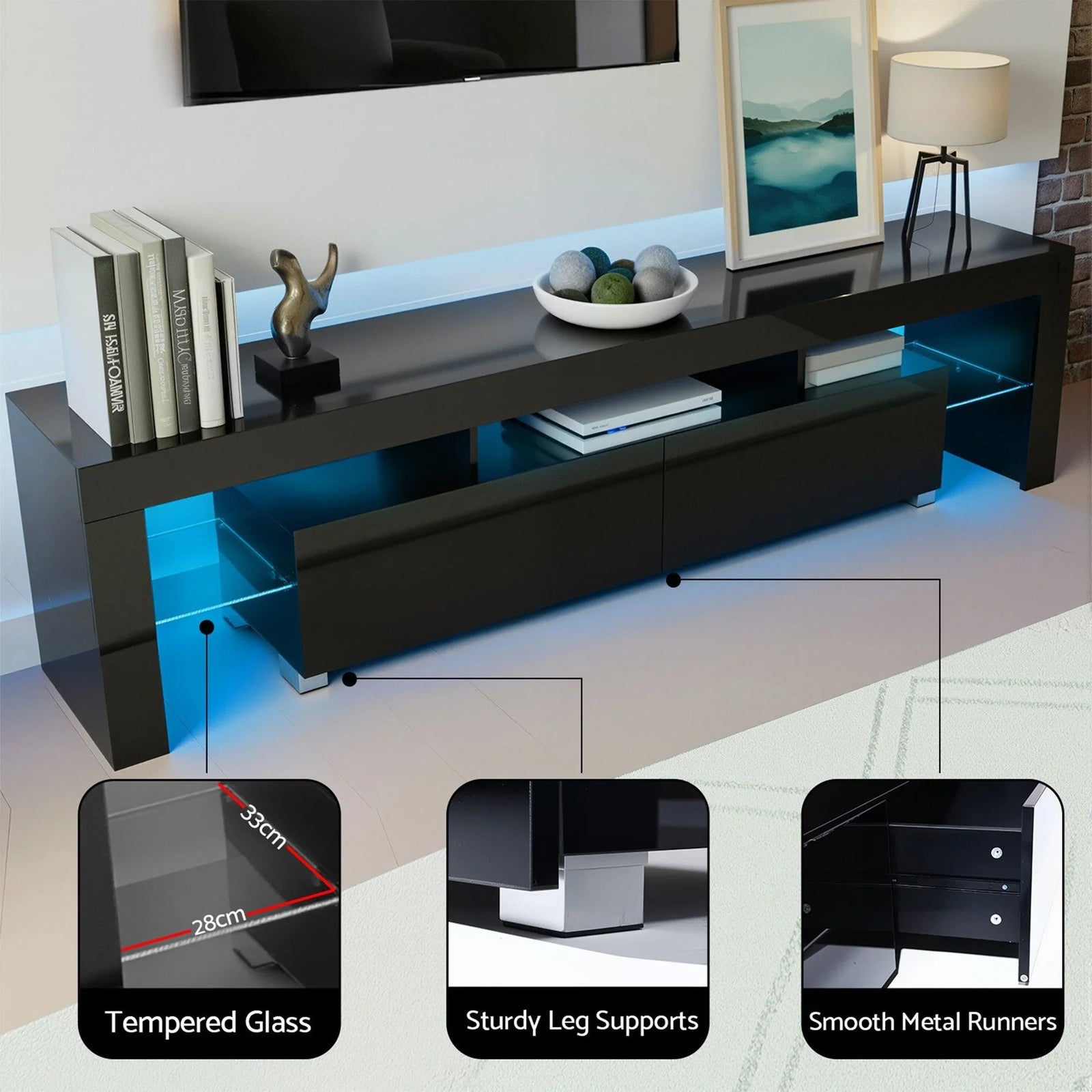 LED TV Unit & Coffee Table Set – 189cm Black High‑Gloss RGB Furniture