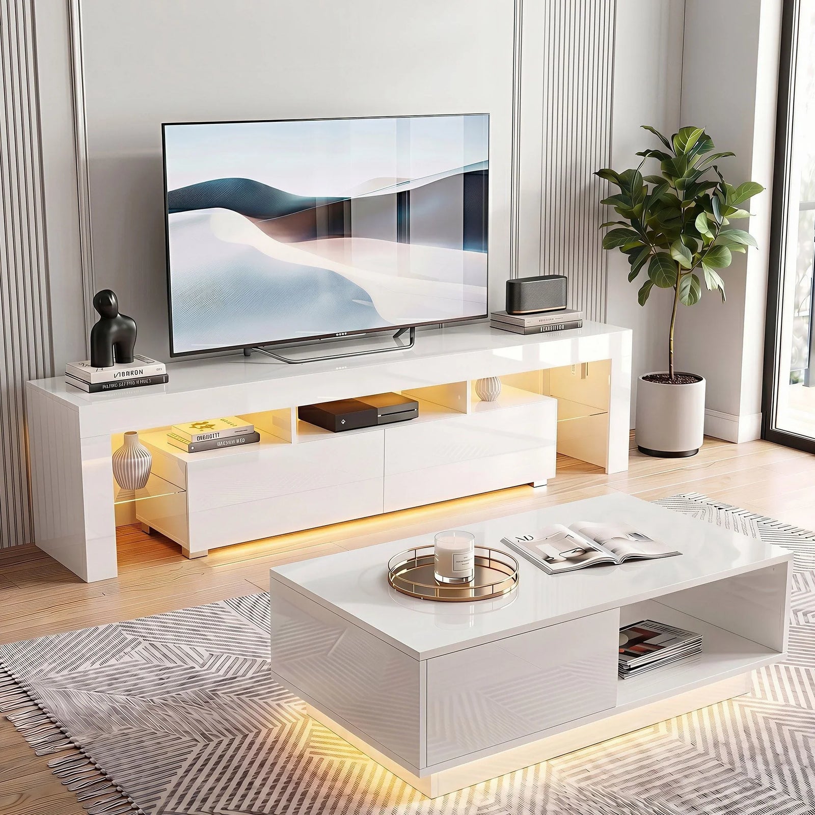 LED TV Unit & Coffee Table Set – 189cm White High‑Gloss RGB Furniture