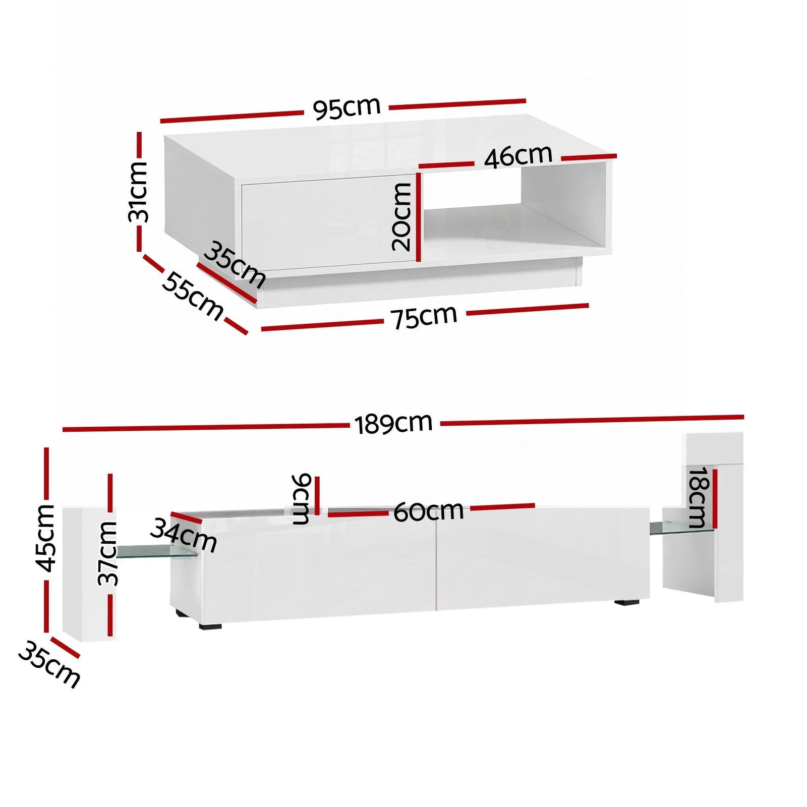 LED TV Unit & Coffee Table Set – 189cm White High‑Gloss RGB Furniture