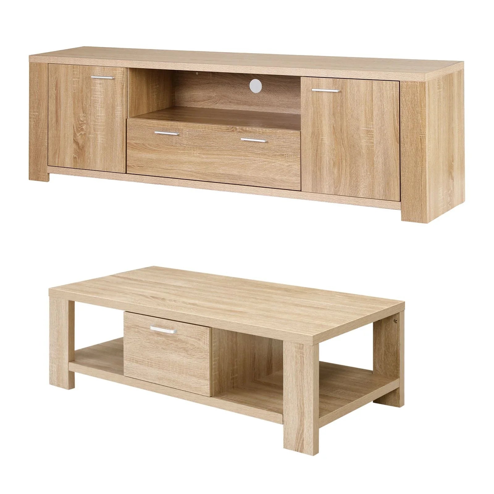 TV Unit & Coffee Table Set Storage Drawer Pine