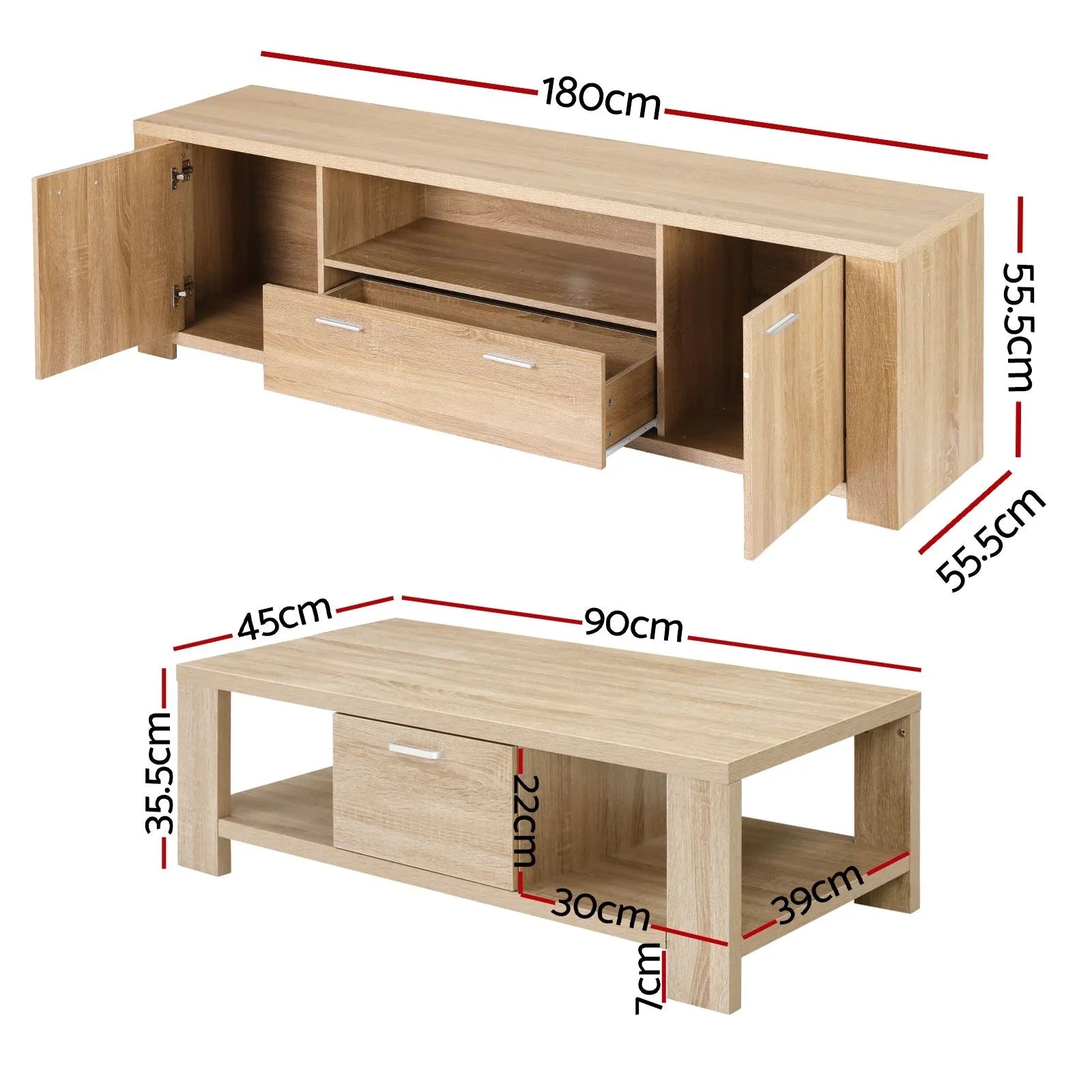TV Unit & Coffee Table Set Storage Drawer Pine