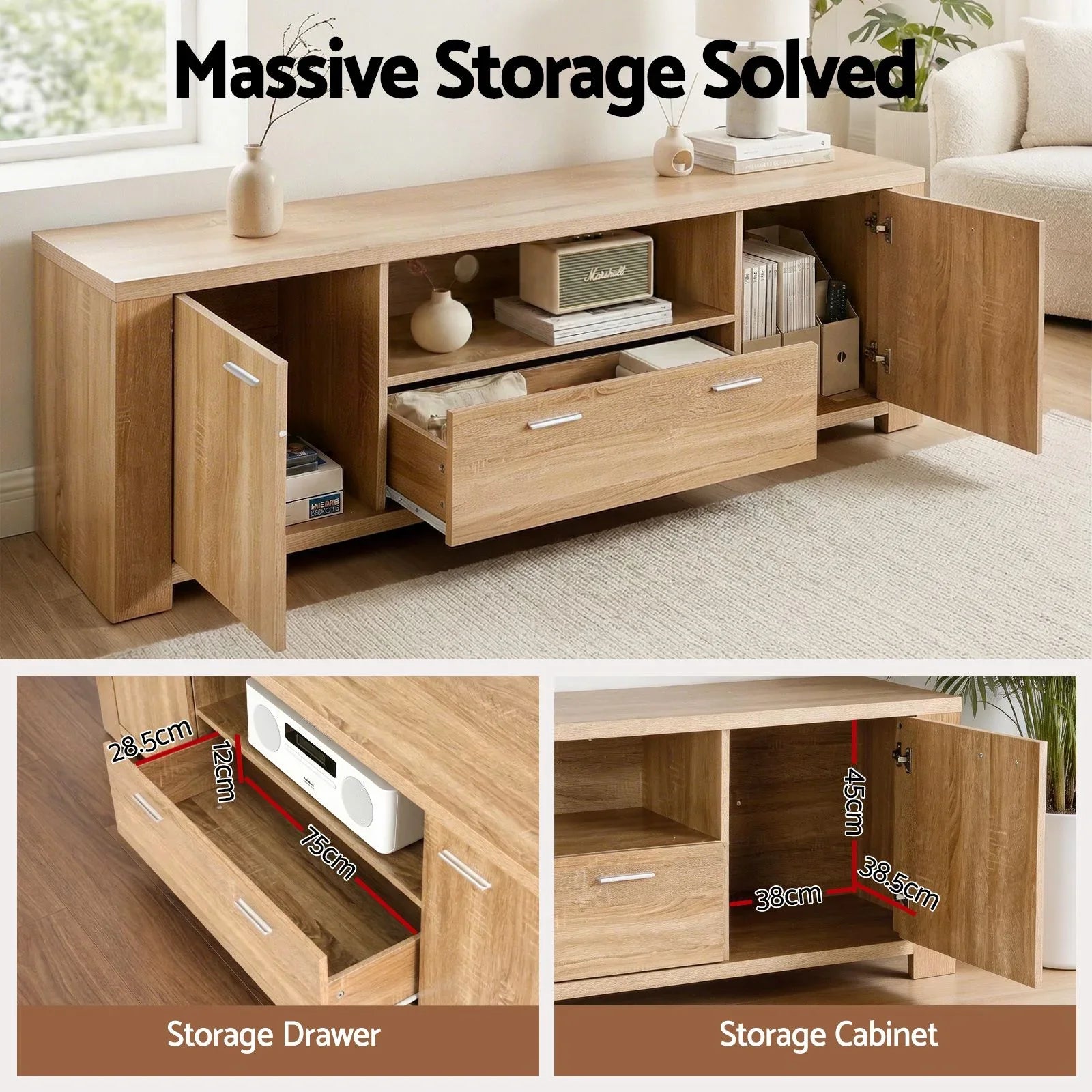 TV Unit & Coffee Table Set Storage Drawer Pine