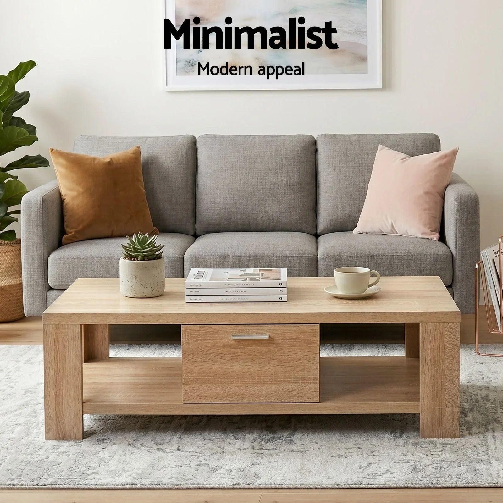 TV Unit & Coffee Table Set Storage Drawer Pine