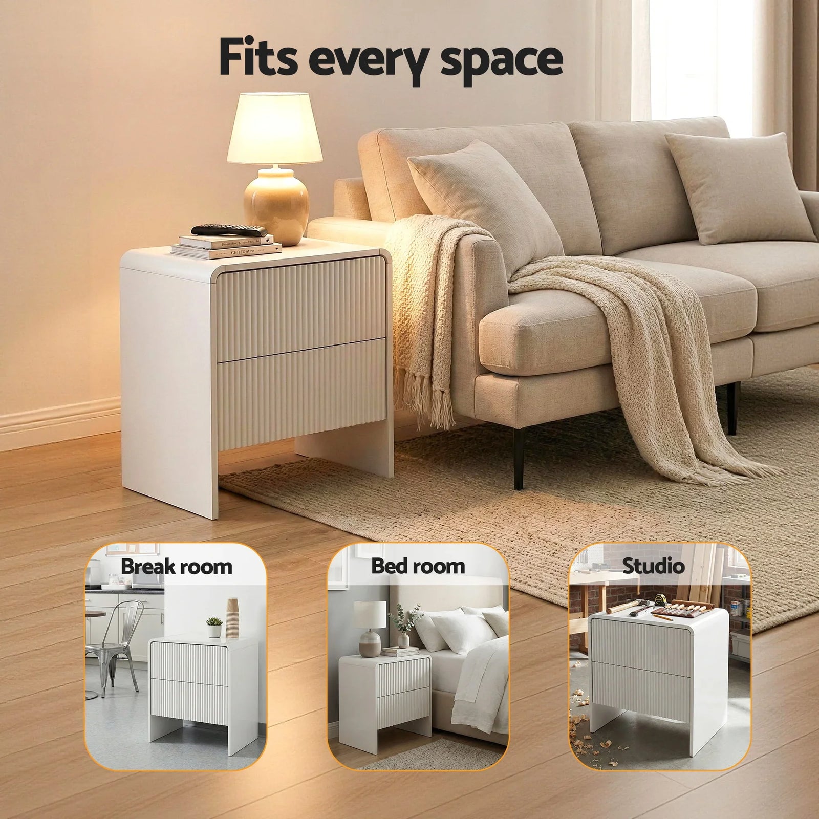 Bedside Table 2 Drawers - Beige