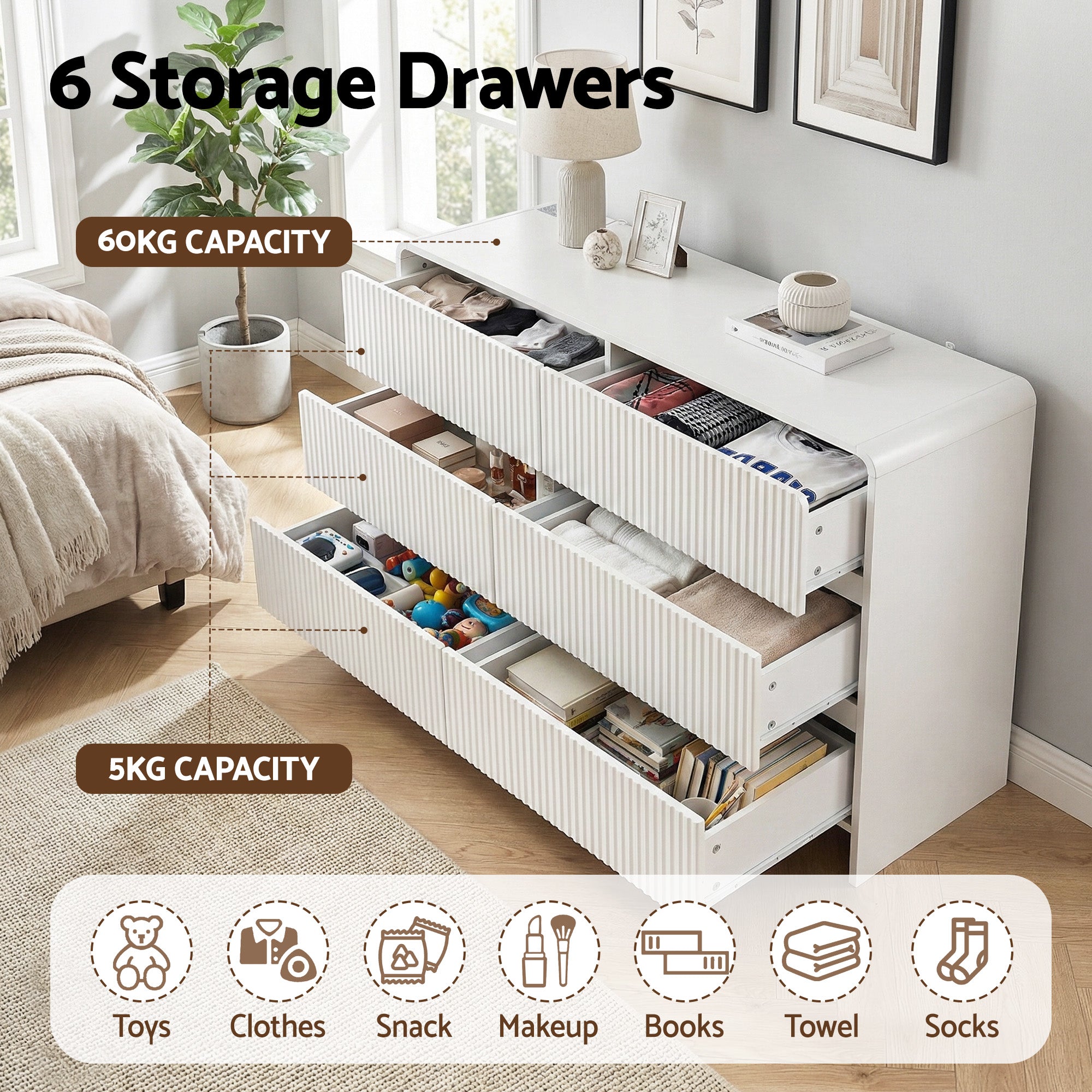 6 Chest of Drawers Dresser Cabinet White