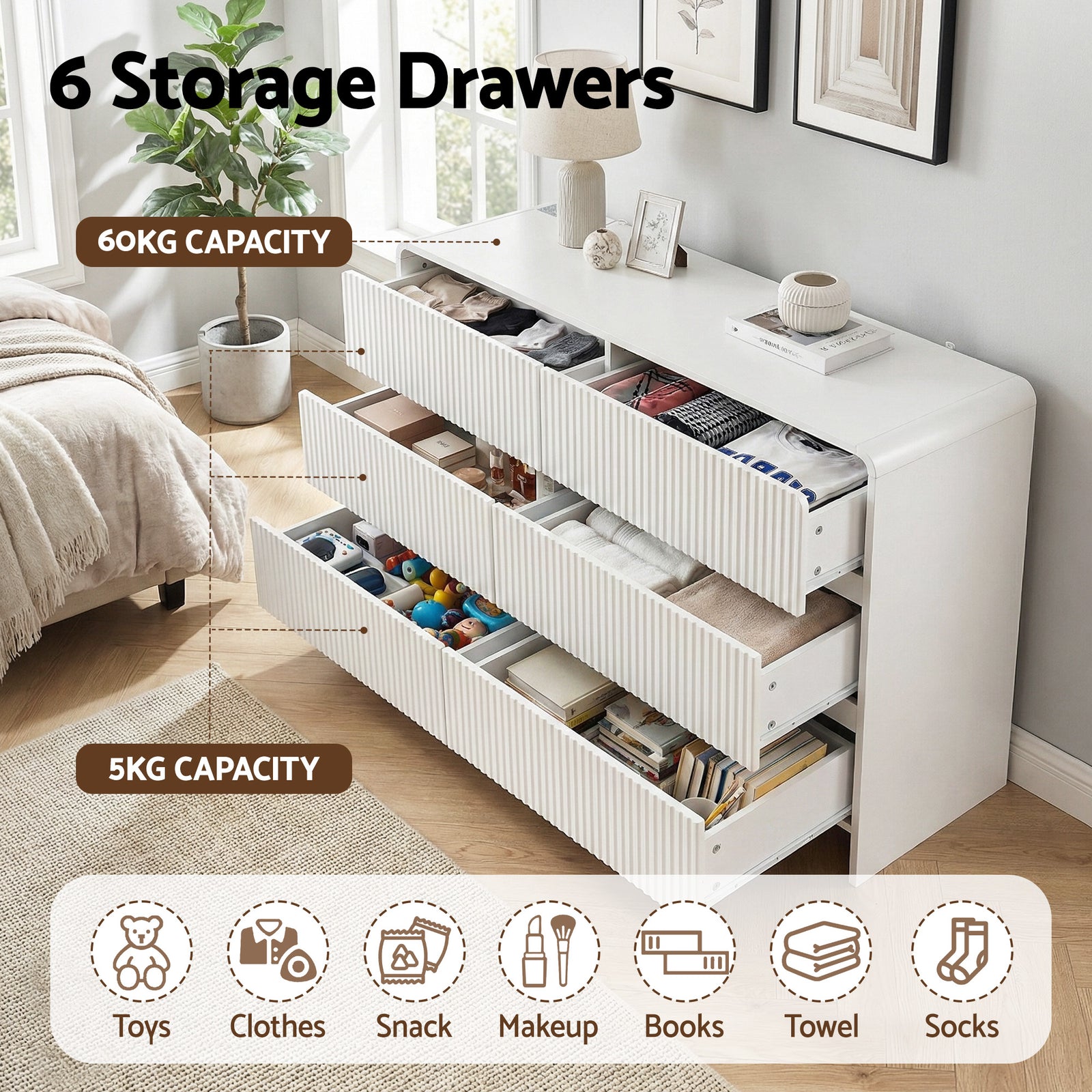 6 Chest of Drawers Dresser Cabinet White