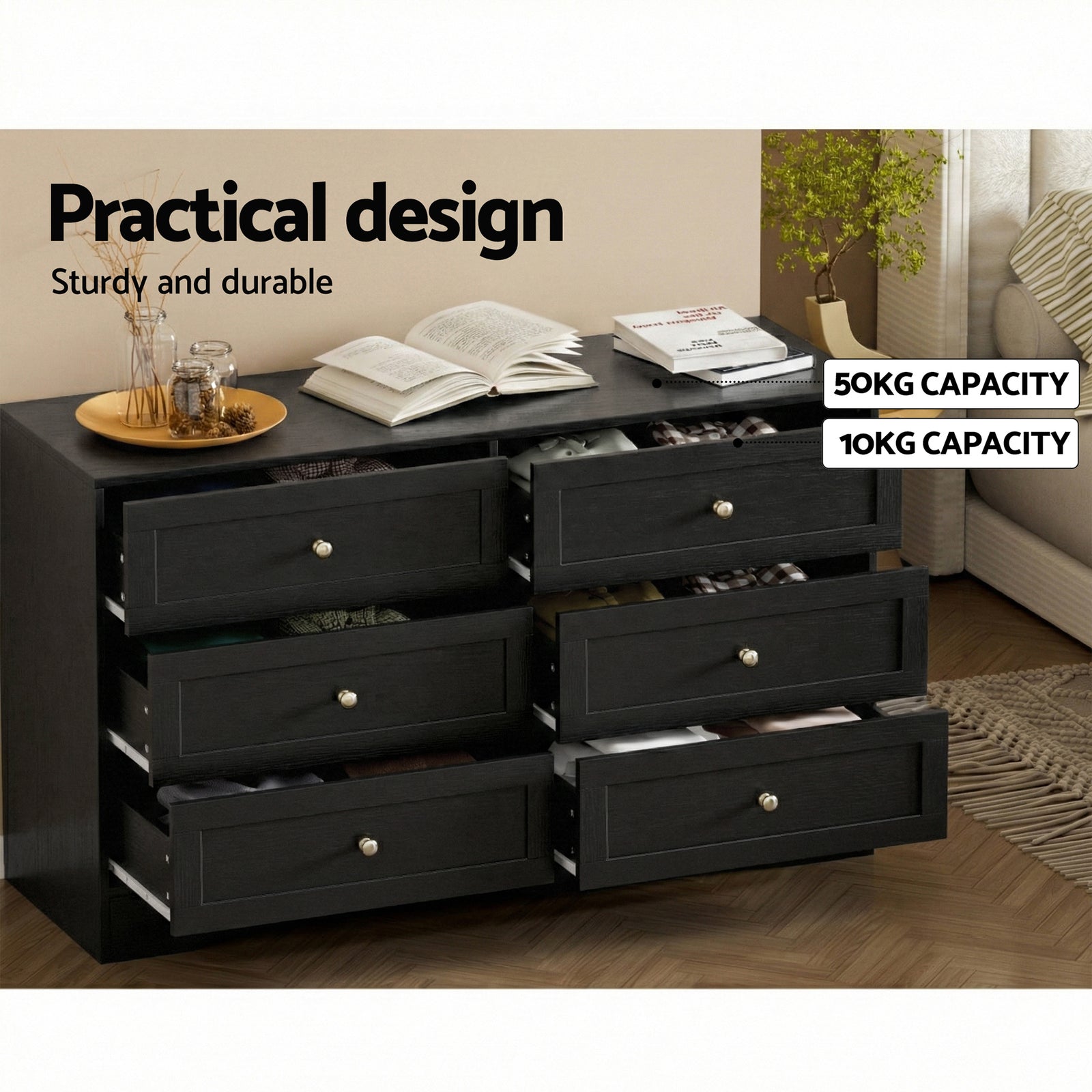 6 Chest of Drawers Tallboy Cabinet - LEIF Black