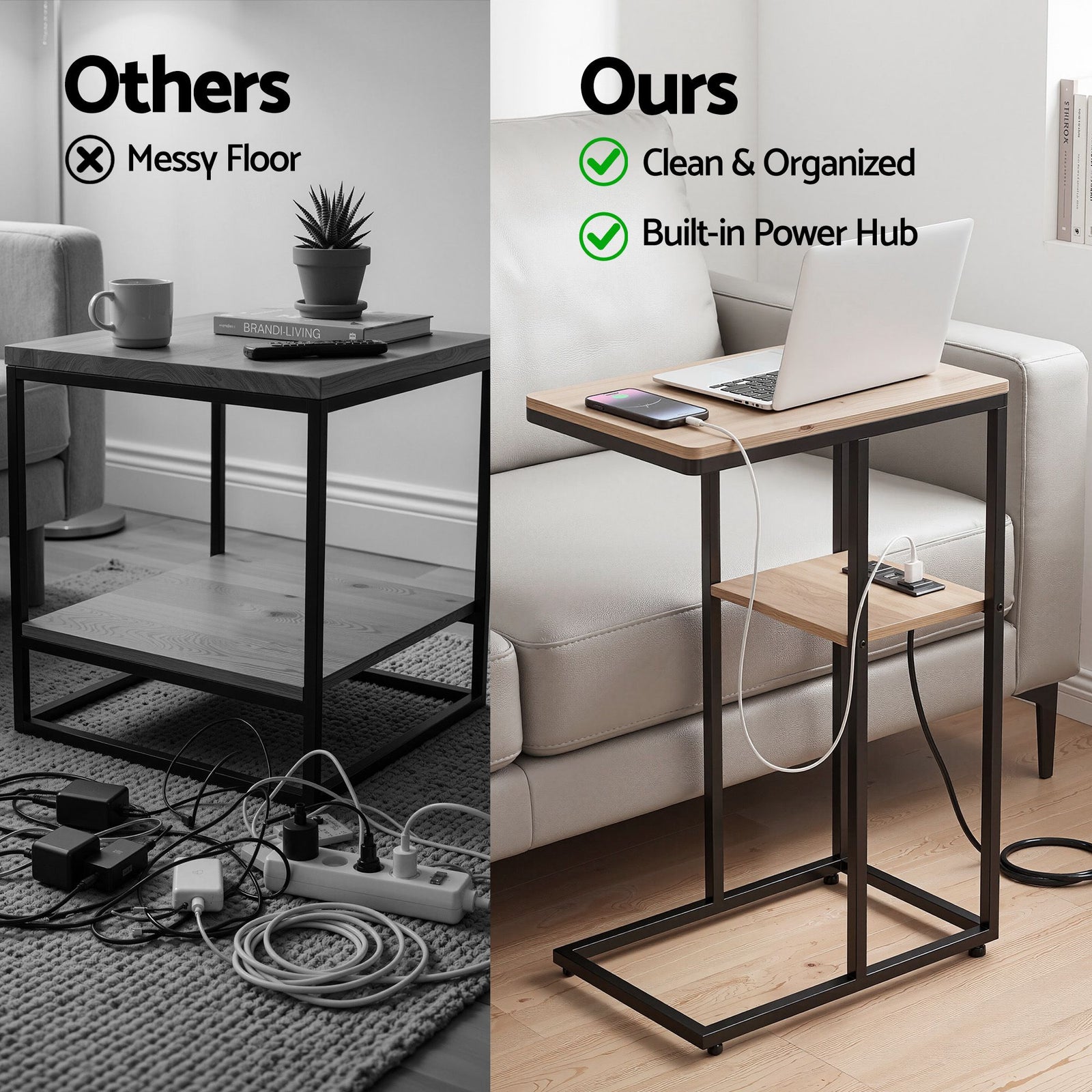 C-Shaped End Table Charging Station 2-Tier Side Coffee Table Bedside Wood