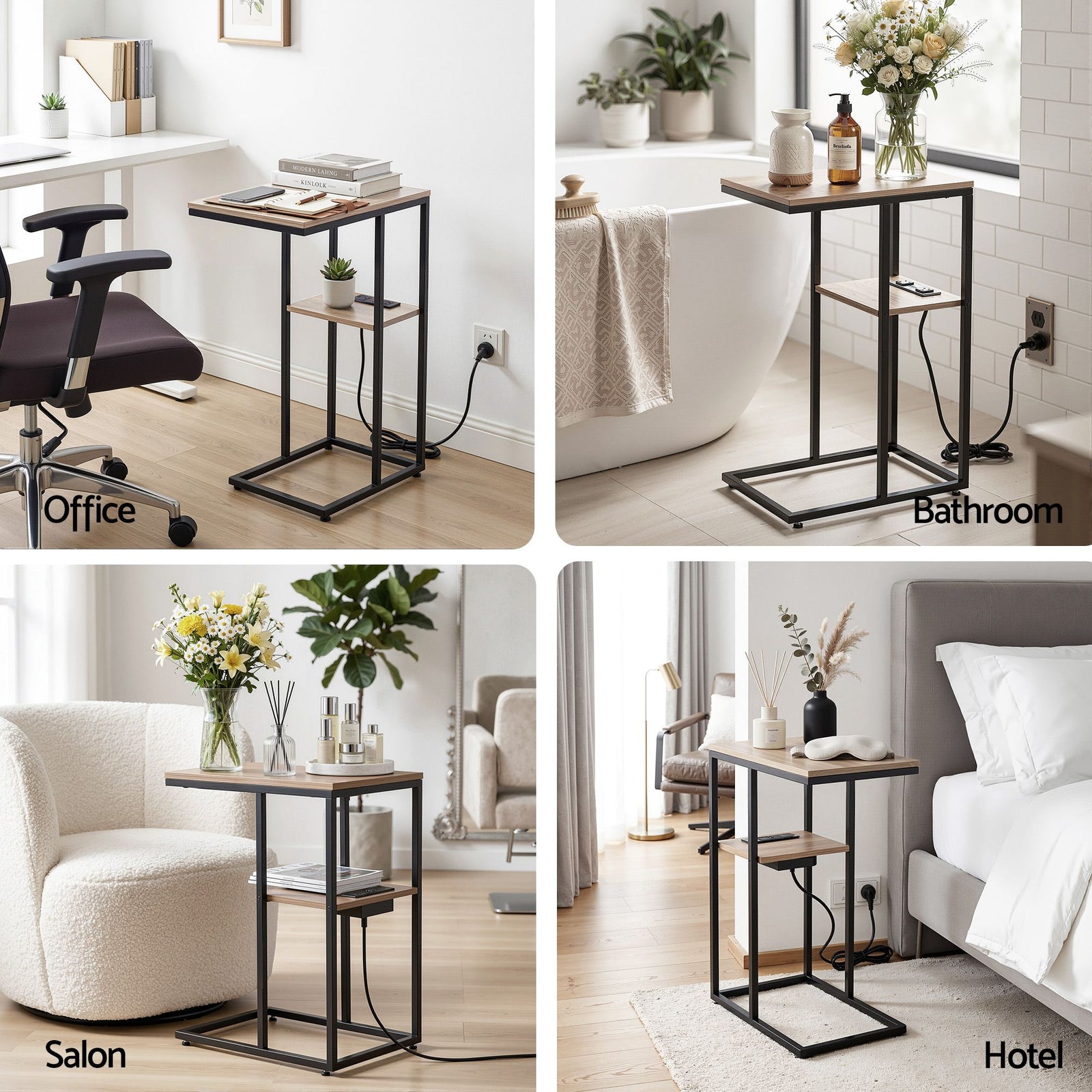 C-Shaped End Table Charging Station 2-Tier Side Coffee Table Bedside Wood