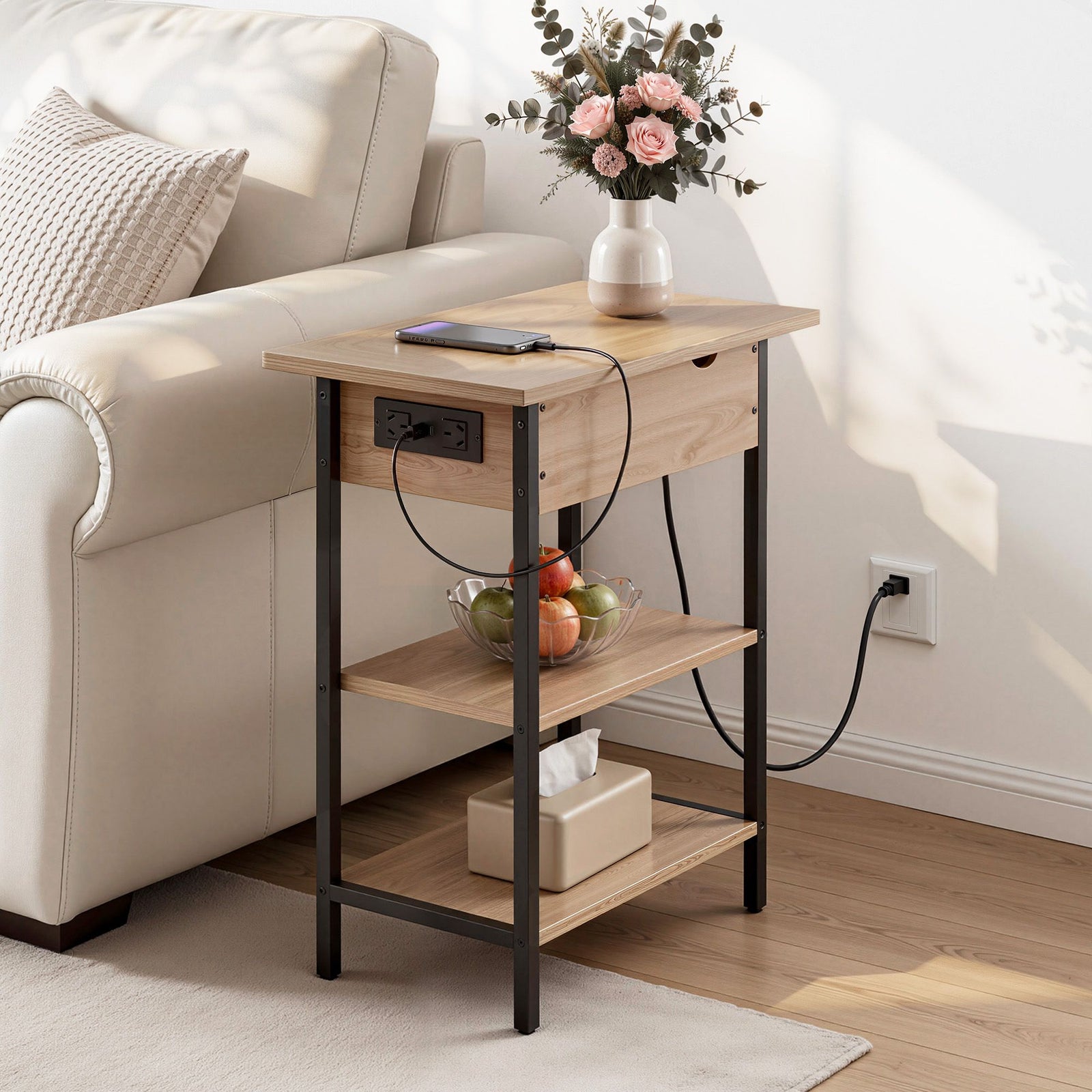 Artiss Side Table with Charging Station – 60cm Flip‑Top Storage 3‑Tier Wood