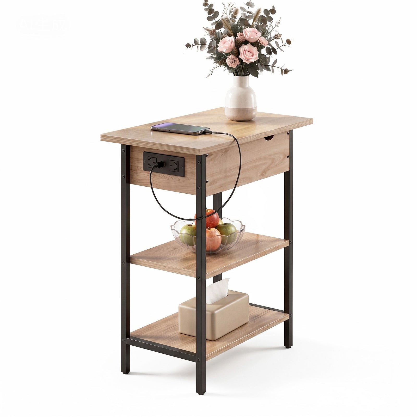 Artiss Side Table with Charging Station – 60cm Flip‑Top Storage 3‑Tier Wood