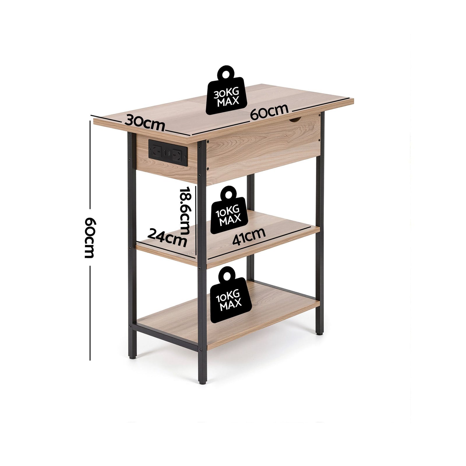 Artiss Side Table with Charging Station – 60cm Flip‑Top Storage 3‑Tier Wood