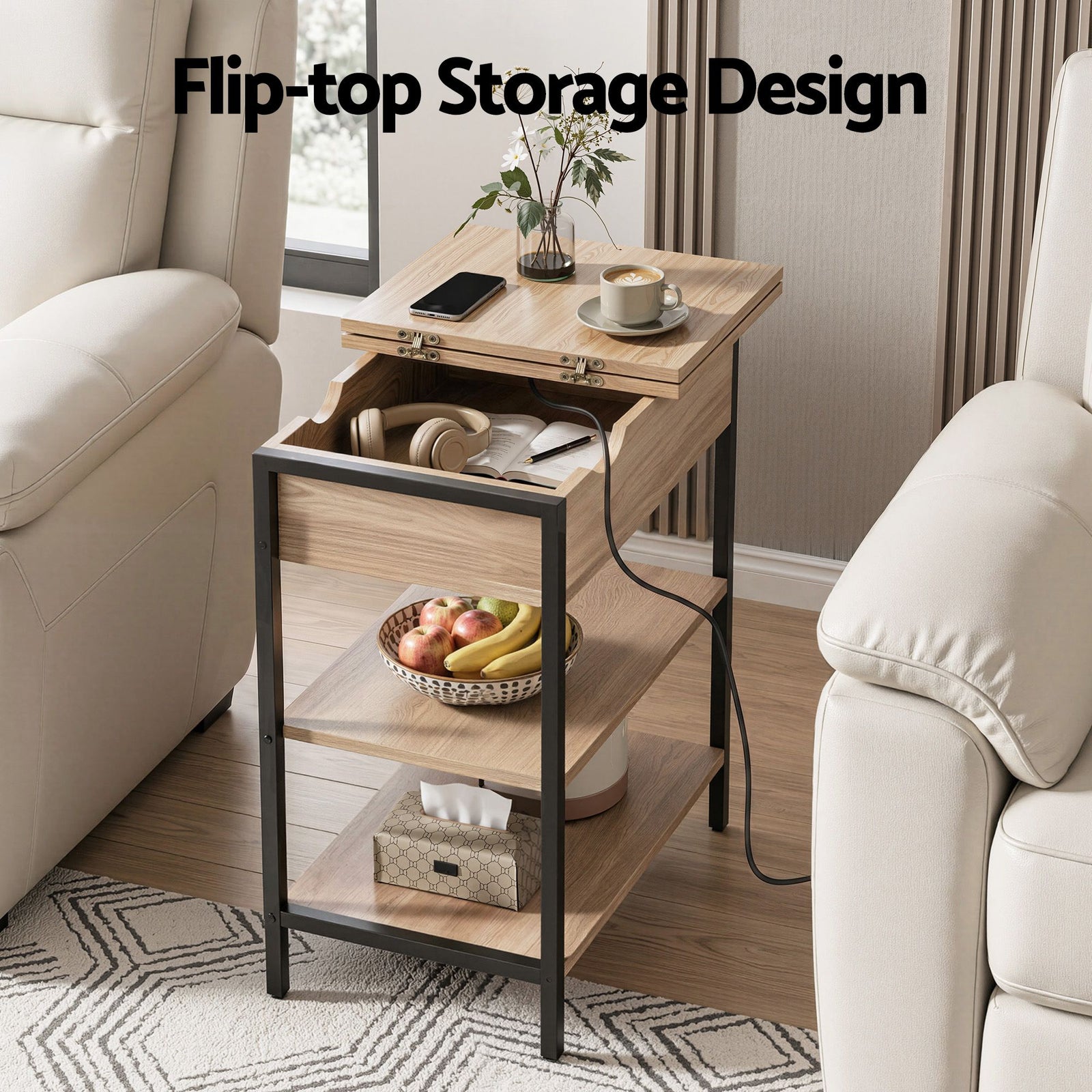 Artiss Side Table with Charging Station – 60cm Flip‑Top Storage 3‑Tier Wood